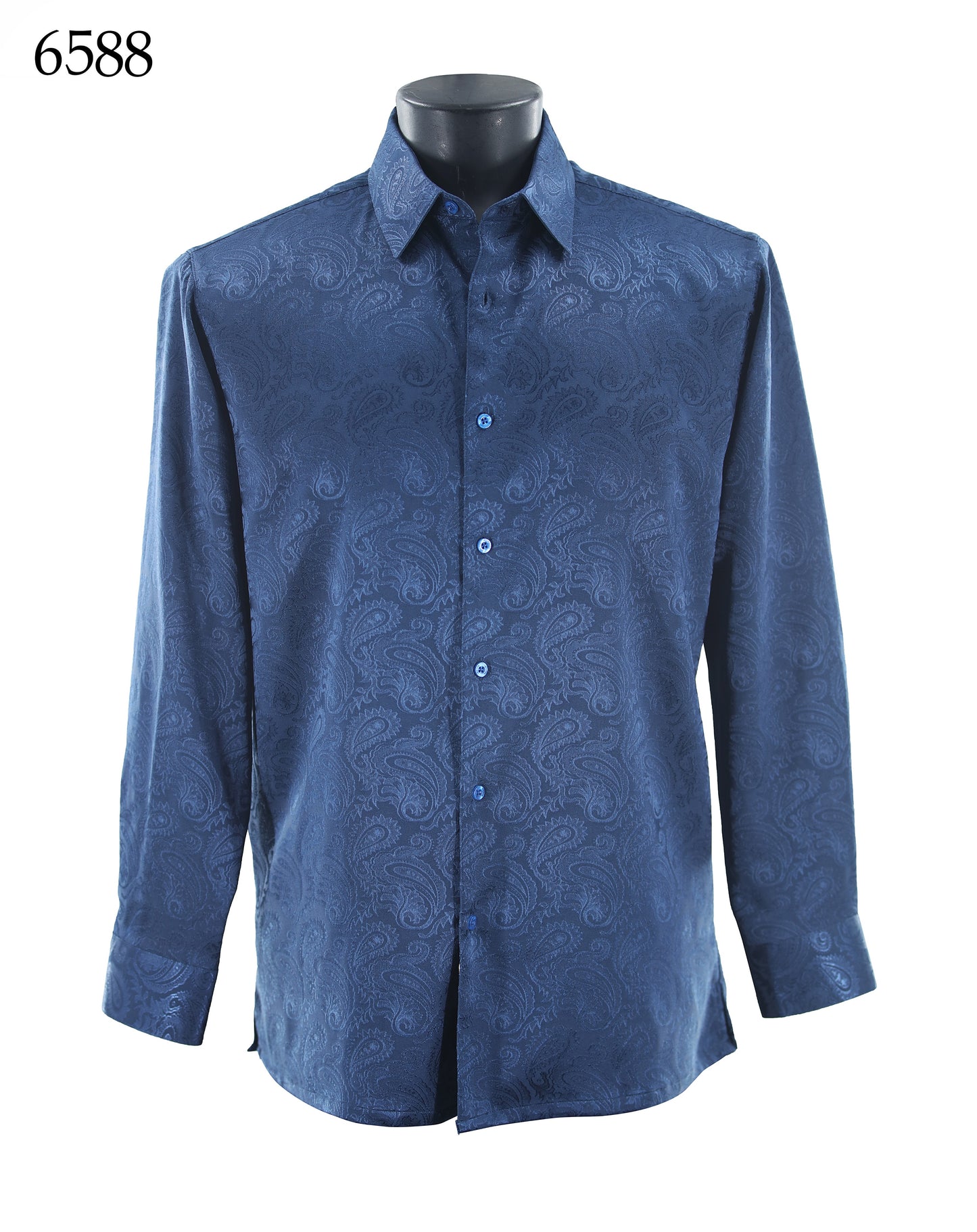 The Bassiri Long Sleeve Shirt 6588, a blue regular-fit button-up with a tone-on-tone paisley pattern, is shown on a black mannequin; item number 6588 is in the top left corner.