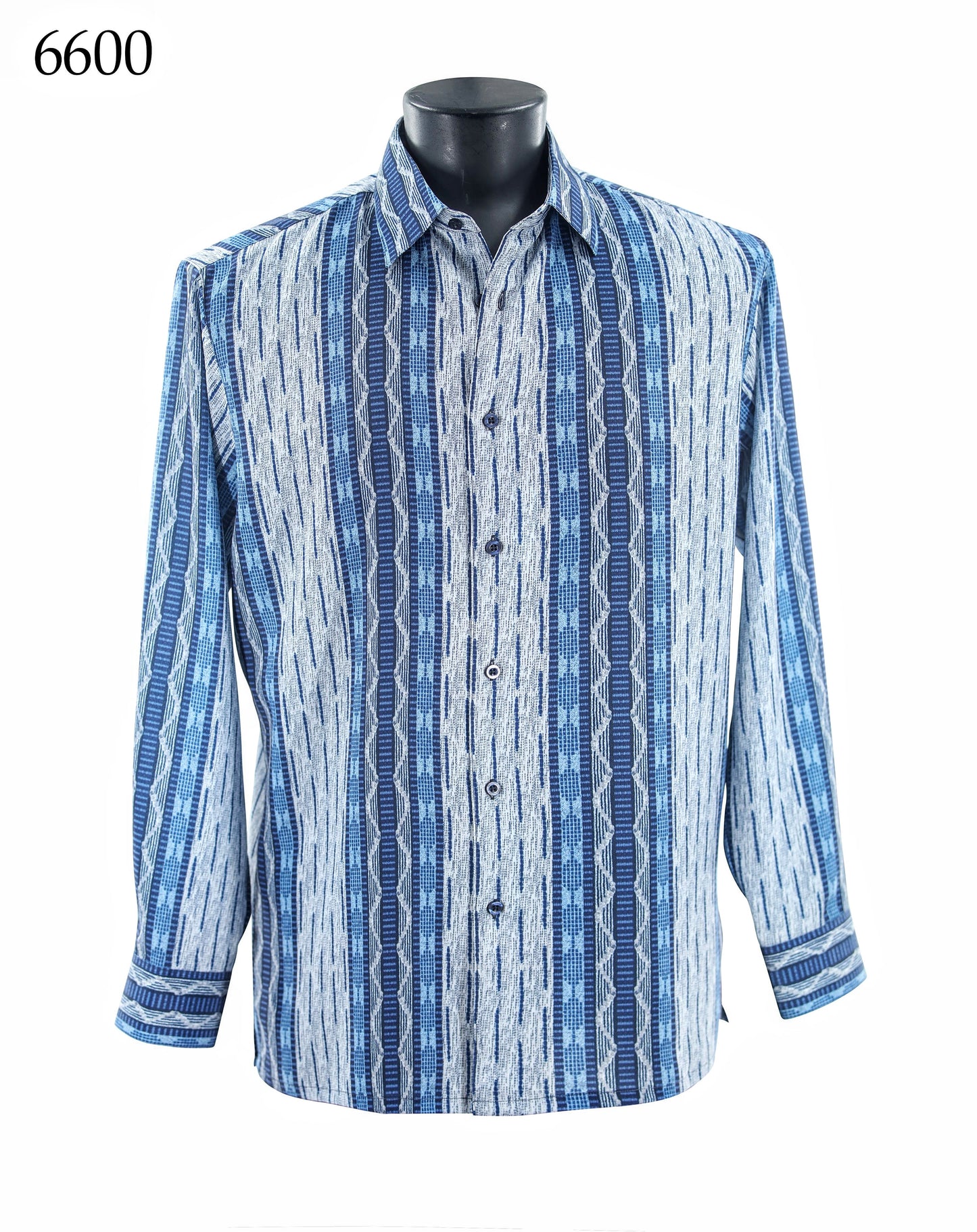 Bassiri Long Sleeve Shirt 6600 by Bassiri, regular fit with a blue and white geometric vertical stripe pattern, shown on a black mannequin. "6600" appears in the top left corner.