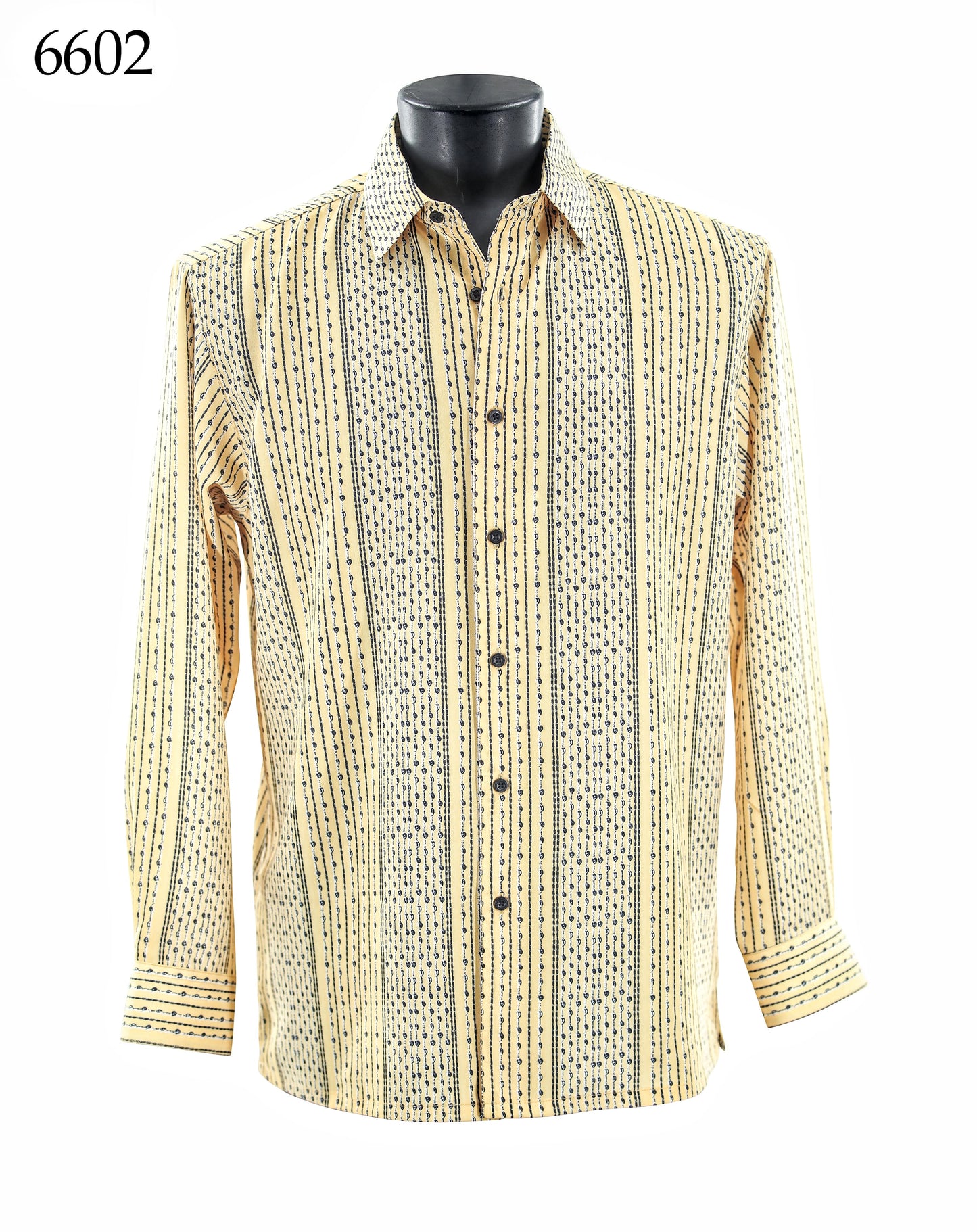 The Bassiri Long Sleeve Shirt 6602 by Bassiri features a beige and black vertical stripe with dotted pattern, shown on a black mannequin torso.