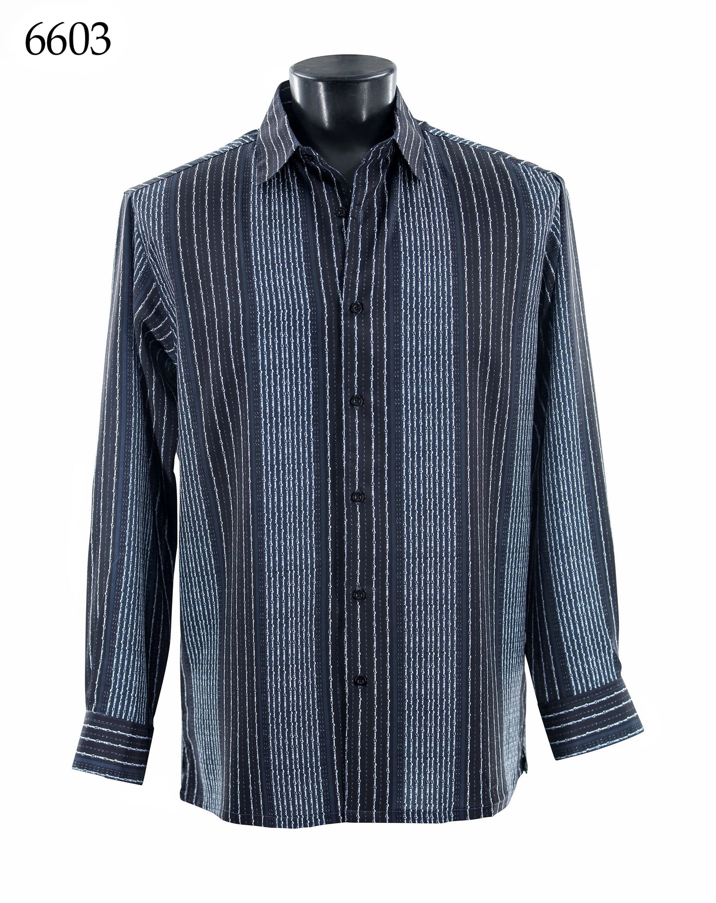The Bassiri Long Sleeve Shirt 6603 by Bassiri features a regular fit, button-up design with vertical blue and white stripes on a black background, shown on a mannequin. The item number 6603 is displayed in the top left corner.