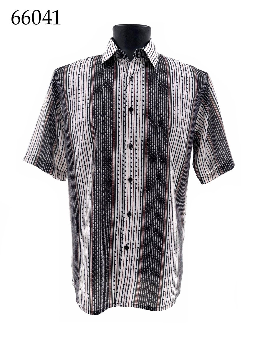 The Bassiri Short Sleeve Shirt 66041 by Bassiri features black, white, and red vertical stripes and a regular fit button-up design, shown on a black mannequin torso.