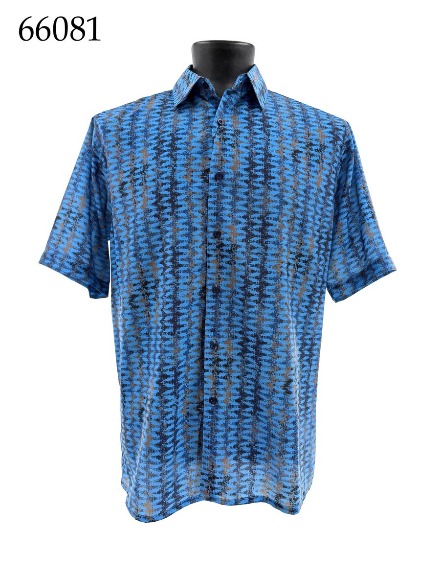 The Bassiri Short Sleeve Shirt 66081 by Bassiri features a blue regular fit with a black and brown zigzag pattern, shown on a black mannequin. The number 66081 appears in the top left corner.