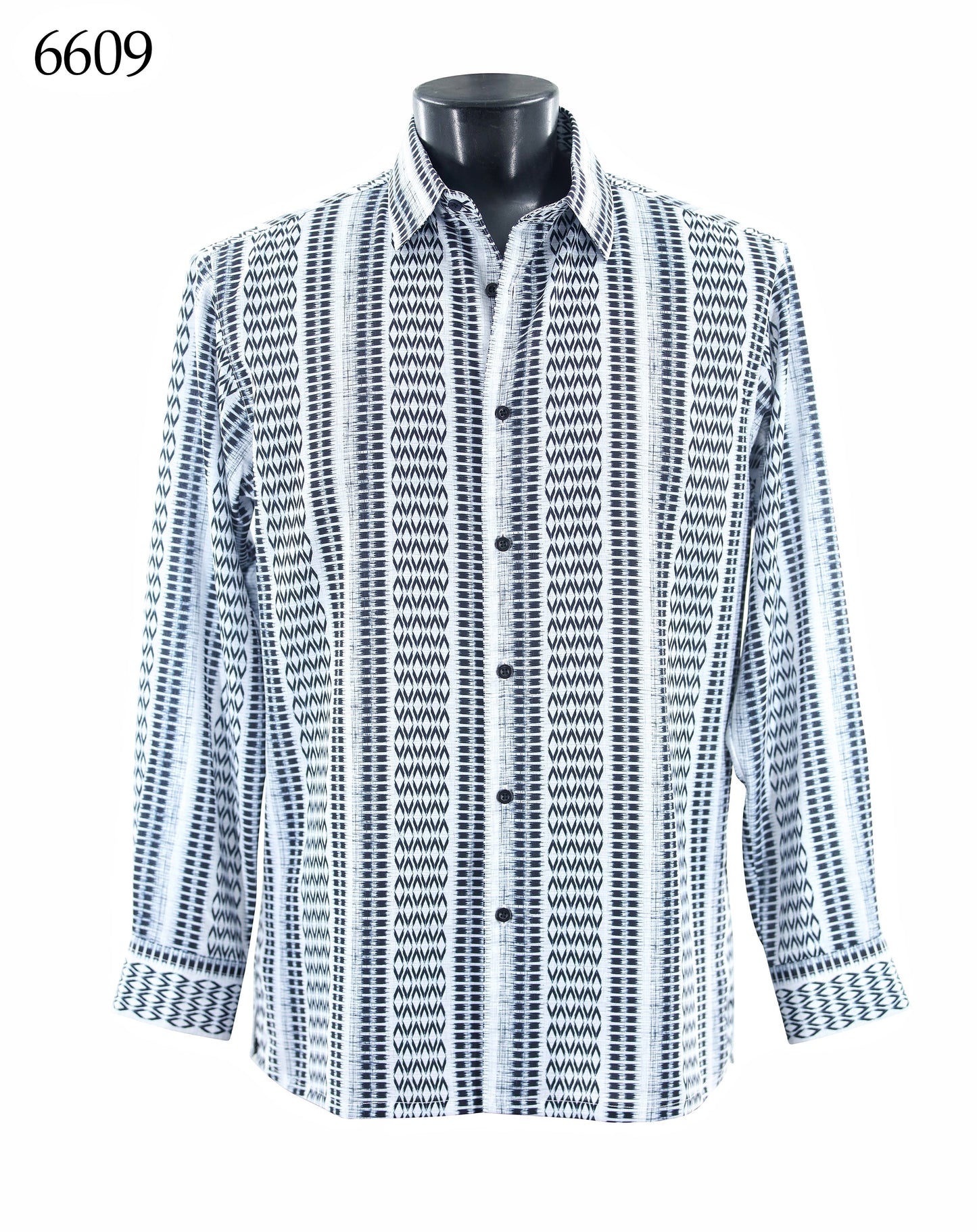 Bassiri Long Sleeve Shirt 6609 by Bassiri, shown on a mannequin, features black and white vertical geometric patterns in a Regular Fit. Item number 6609 appears in the upper left corner.