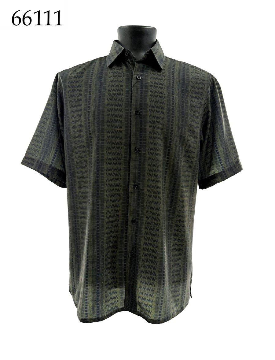 The Bassiri Short Sleeve Shirt 66111 by Bassiri features a green and black pattern in a regular fit, shown on a black mannequin torso. The number 66111 appears in the top left corner.