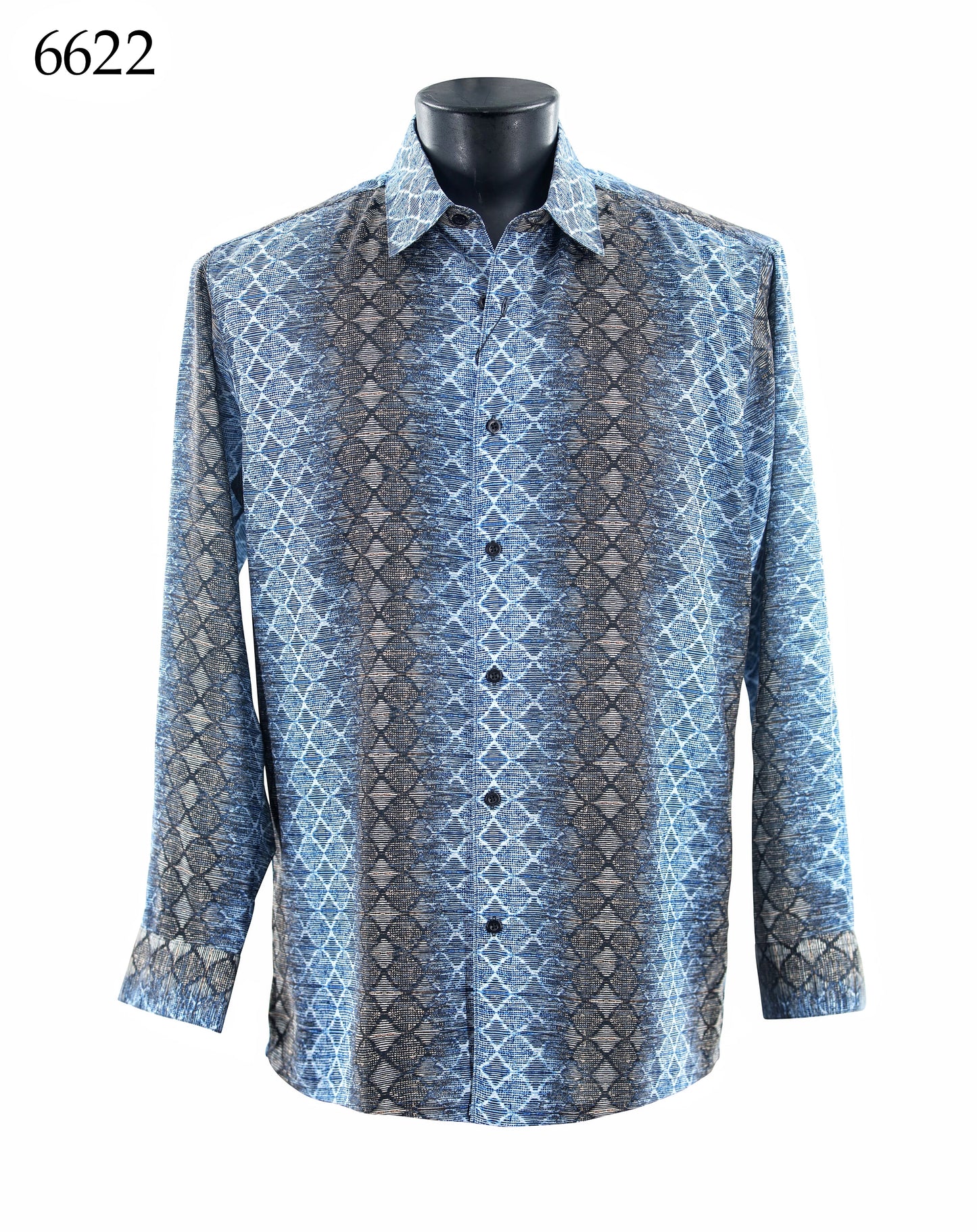 Bassiri Long Sleeve Shirt 6622 by Bassiri shown on a mannequin features a blue and gray geometric pattern and regular fit. The number 6622 is in the top left corner.