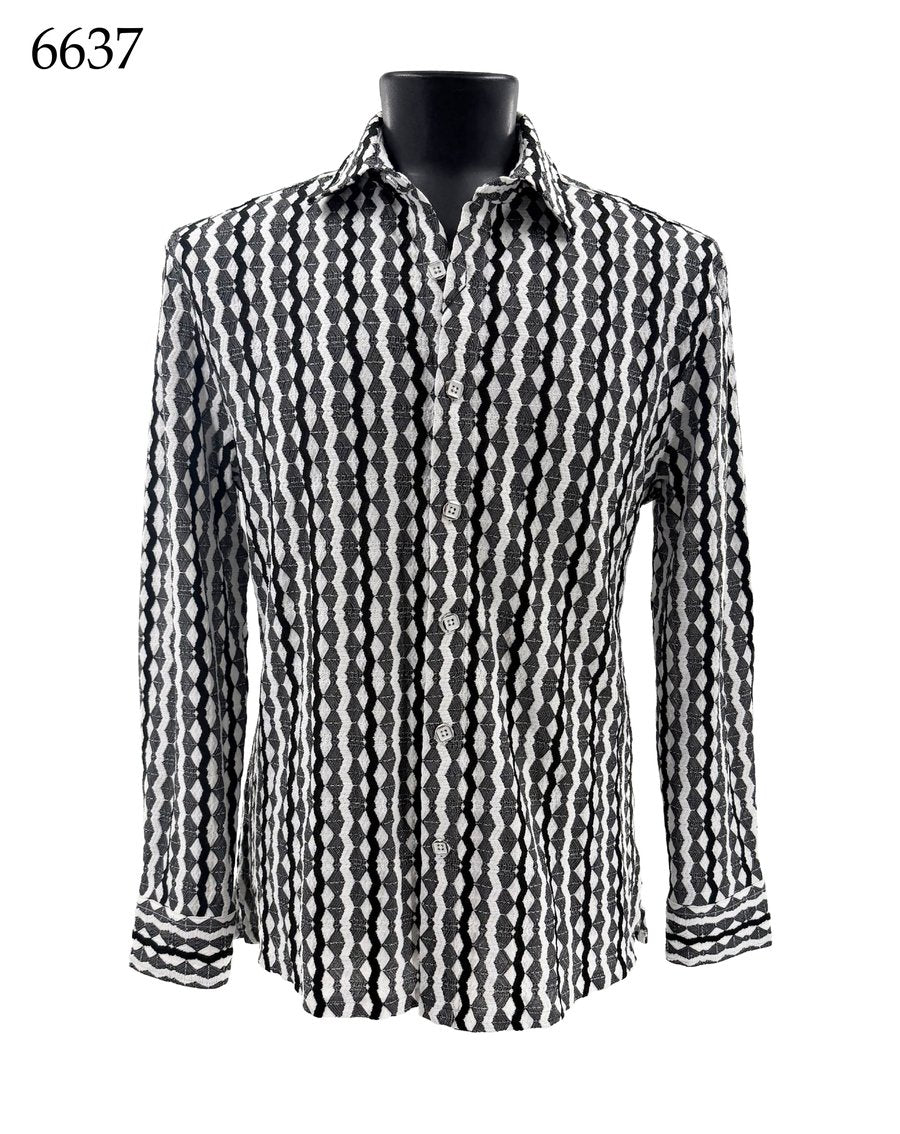 A black mannequin displays the Bassiri Long Sleeve Shirt 6637 by Bassiri, featuring a regular fit and a black and white geometric diamond pattern, with the code 6637 shown in the top left corner.