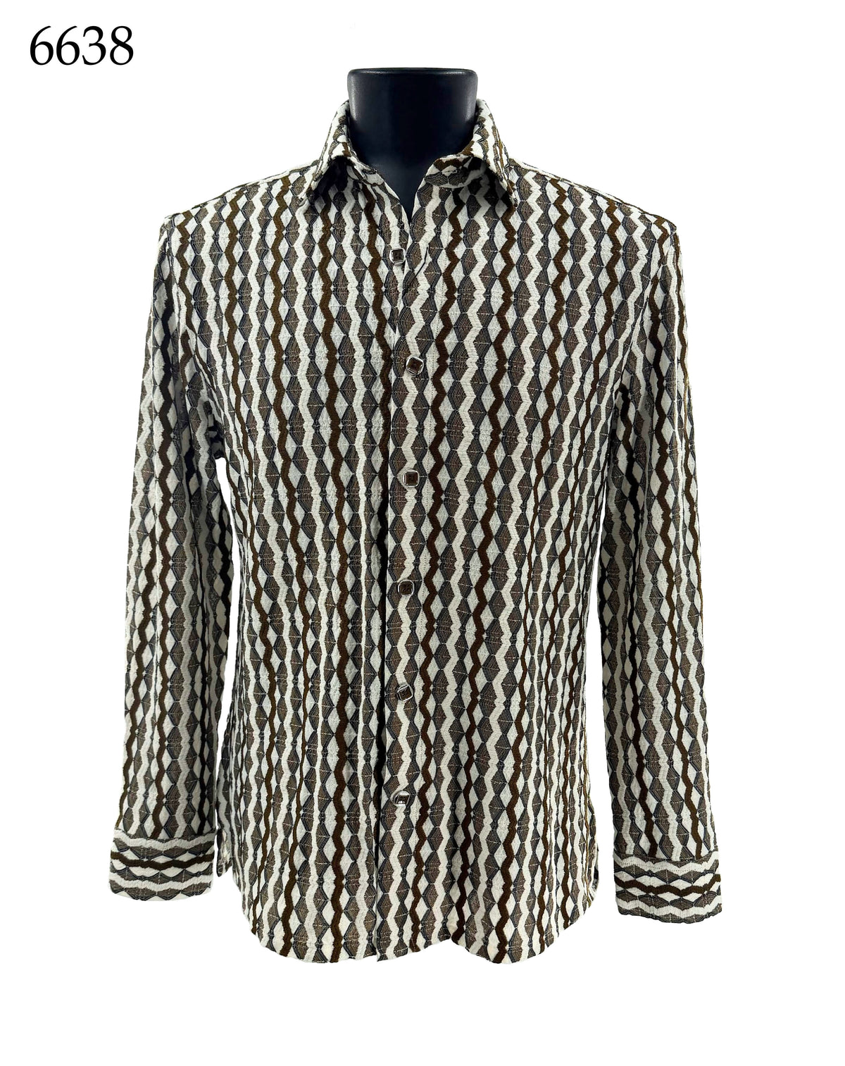 The Bassiri Long Sleeve Shirt 6638, a regular-fit button-up featuring a geometric brown, black, and white pattern, is displayed on a black mannequin against a white background. The number 6638 appears in the upper left corner.
