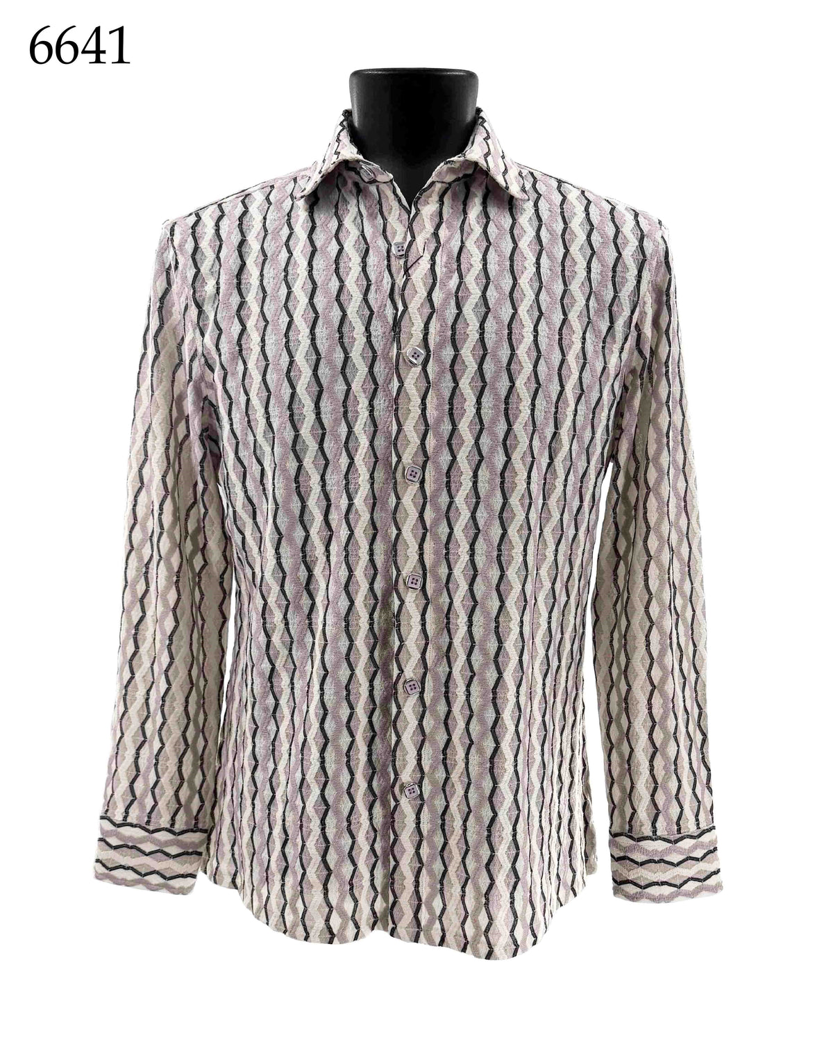 Bassiri Long Sleeve Shirt 6641 by Bassiri, designed in a Regular Fit with long sleeves and button-up front, features a wavy black, gray, and white pattern and is displayed on a black mannequin torso.