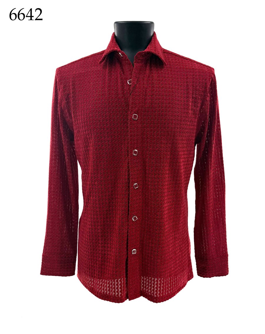 Bassiri Long Sleeve Shirt 6642 in a Regular Fit, featuring a red textured design and button-up front, displayed on a black mannequin torso with the brand name Bassiri and the number 6642 shown in the top left corner.