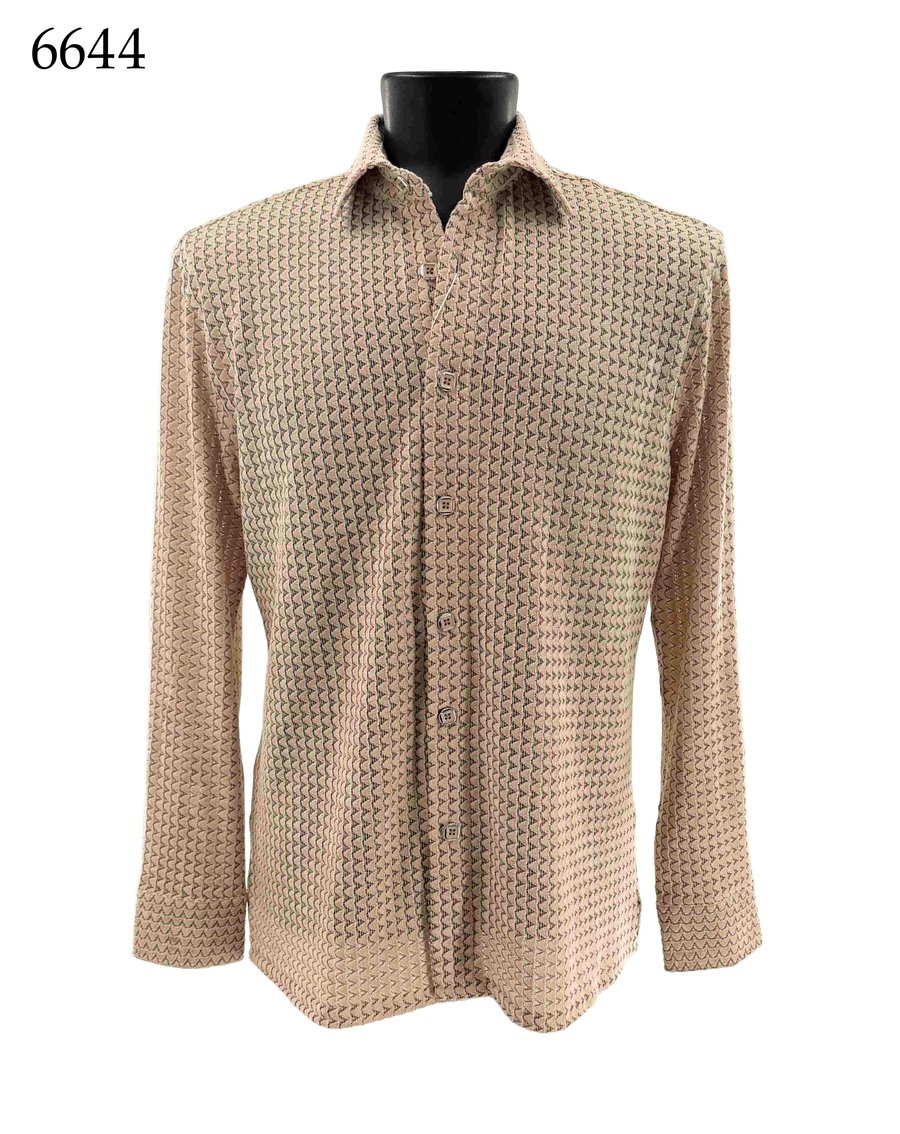 Bassiri Long Sleeve Shirt 6644 by Bassiri, featuring a regular fit and a small geometric pattern in beige and muted colors, shown on a black mannequin.