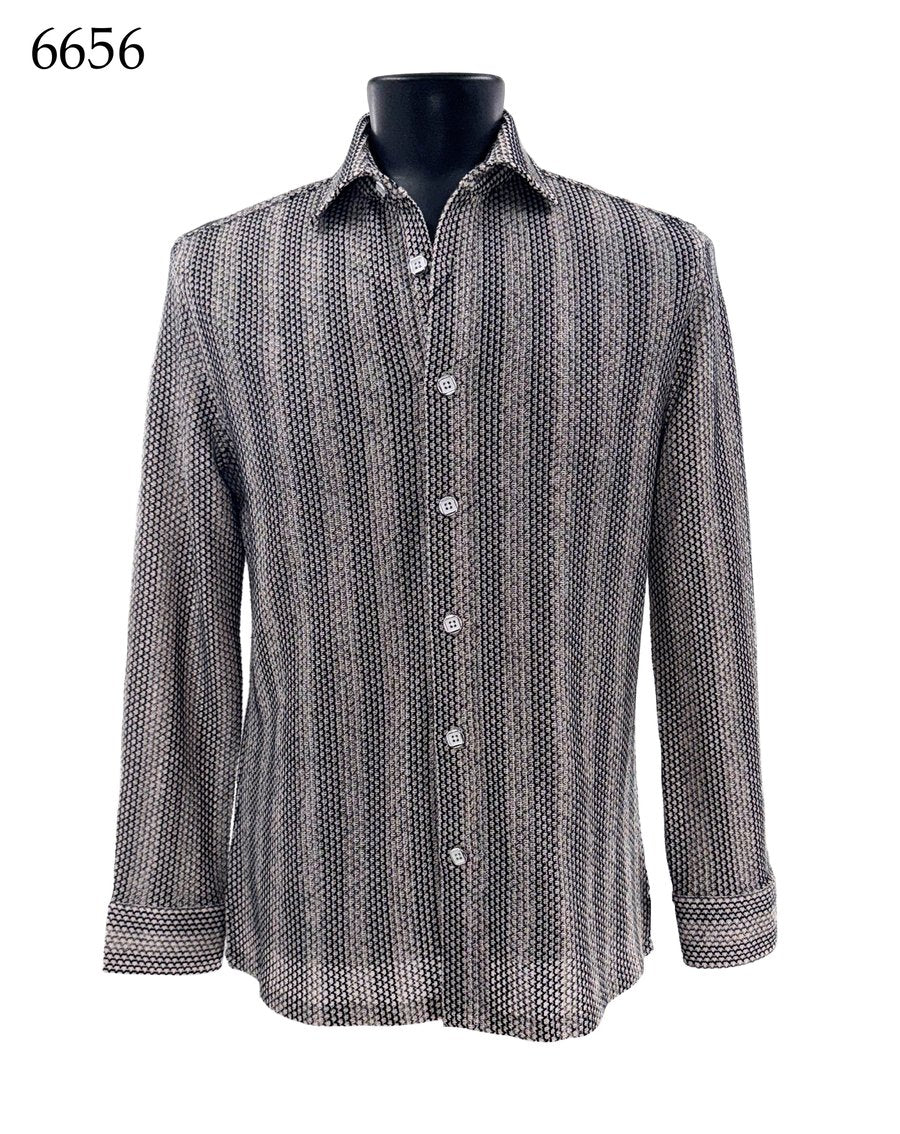 Bassiri Long Sleeve Shirt 6656 by Bassiri, featuring a black and white patterned design in a Regular Fit with button-up closure, displayed on a mannequin; the number 6656 appears in the top left corner.