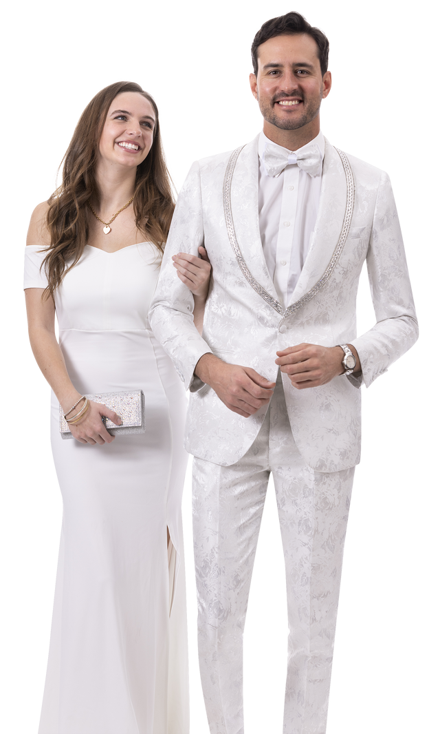 A woman in a white off-shoulder dress stands next to a smiling man dressed formally in the EJ SAMUEL EJ Samuel White Suit JP112 with a matching bowtie.