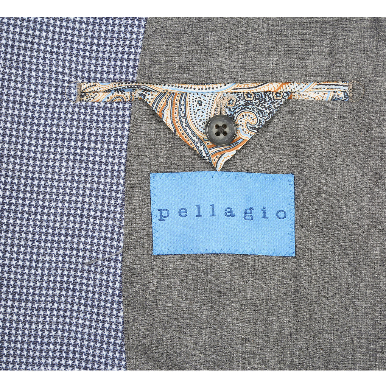 The Pellagio Men's Half Canvas Blazer Blue PS25-11 by Pellagio is stylishly displayed on a mannequin with a white dress shirt, striped tie, and pocket square.