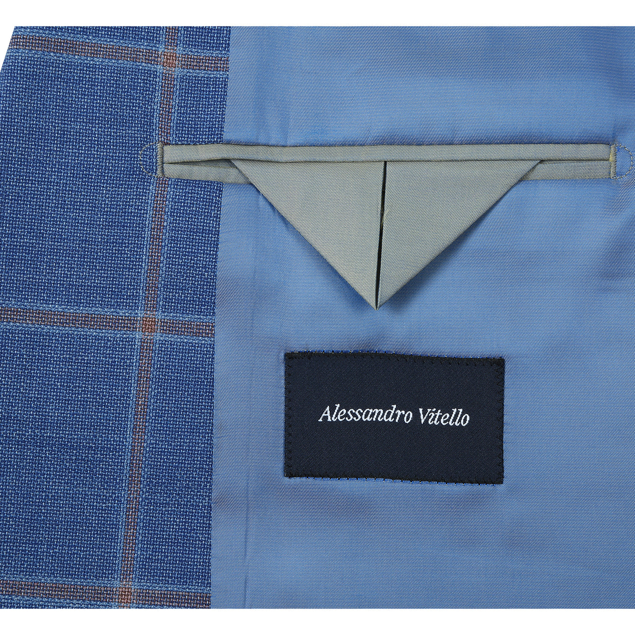 The Alessandro Vitello by Renoir Classic Fit Wool Blue Blazer 565-15 is styled on a mannequin with notch lapels, a white dress shirt, beige tie, and red patterned pocket square.