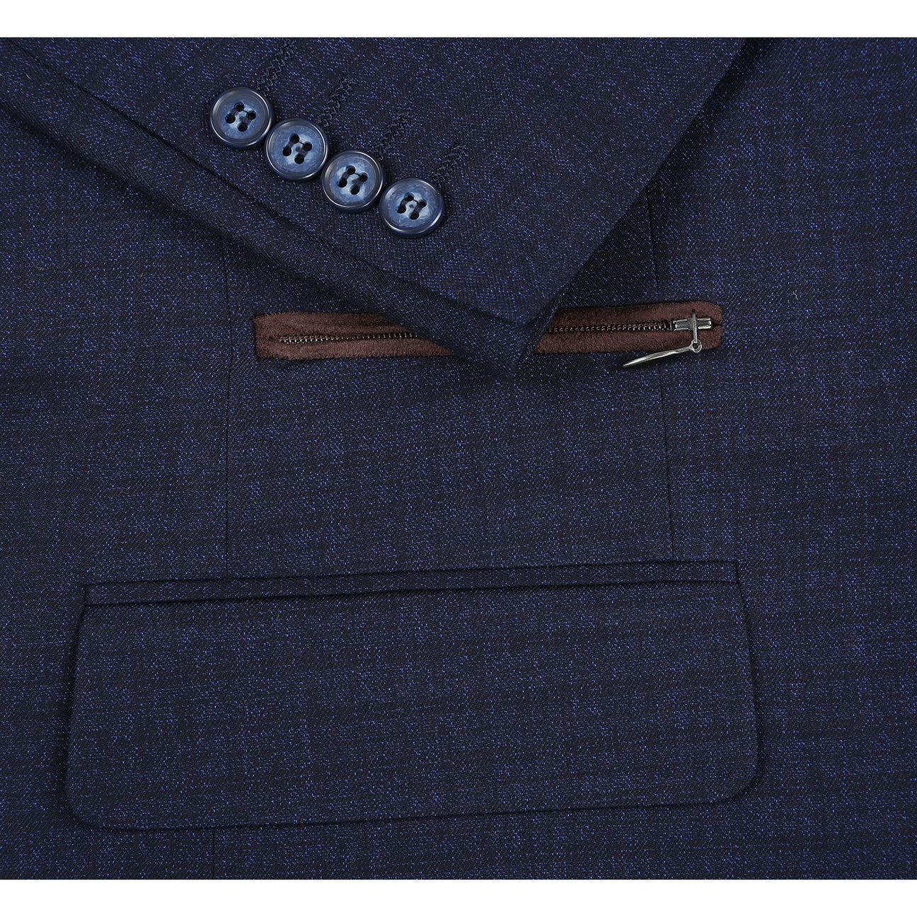 The Renoir Alessandro Vitello Classic Fit Bib Navy Blazer 294-42 features a notch lapel, two-button closure, brown quilted inner vest, and light blue pocket square, shown on a mannequin.