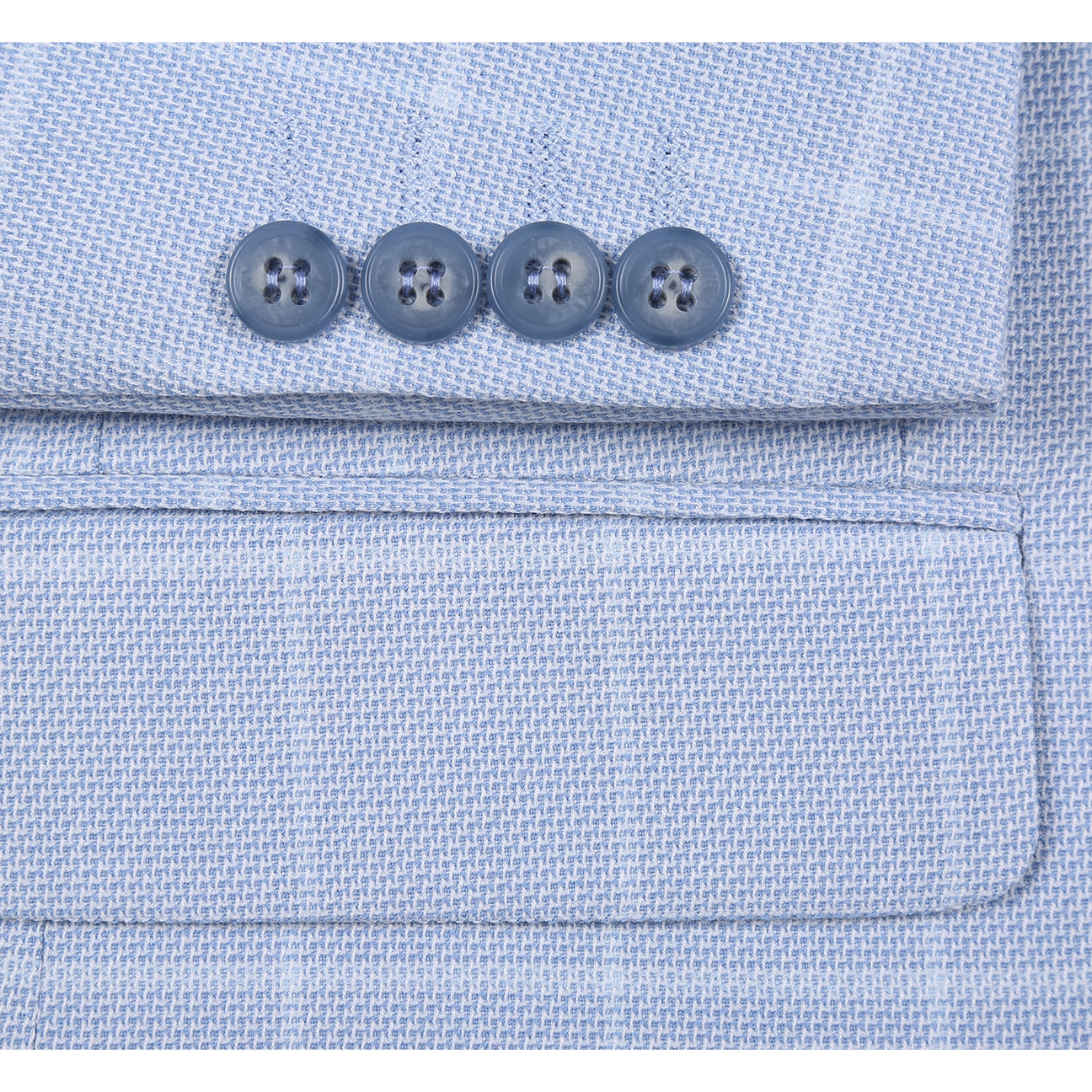 The Renoir Alessandro Vitello Classic Fit Light Blue Blazer 294-64 features notched lapels, a one-button closure, two front pockets, a chest pocket with patterned square, and is styled with a white shirt and blue striped tie.