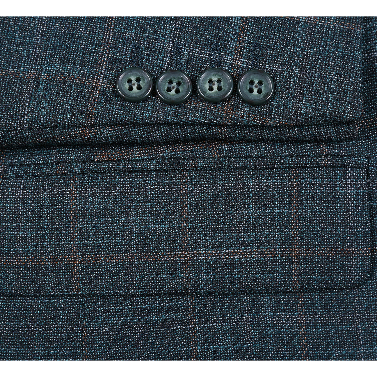 The Alessandro Vitello by Renoir New Slim Fit Blazer Green 294-48, a single-breasted jacket with peak lapels, is displayed on a mannequin. Paired with a white shirt and patterned beige tie and pocket square, this ensemble offers a sleek slim fit for the modern sophisticate.