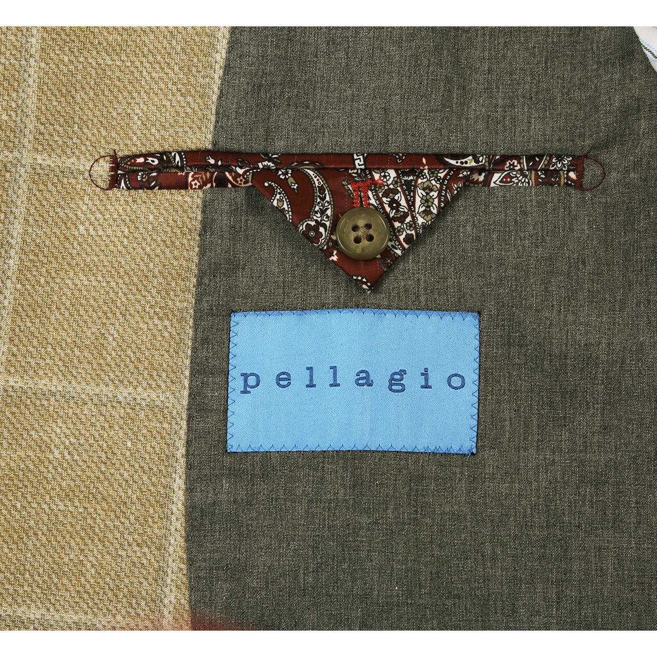 The Pellagio Men's Half Canvas Blazer Rattan PS25-2, a slim-fit tan plaid jacket with notched lapel, is displayed on a mannequin with a white shirt, burgundy patterned tie, and matching pocket square.