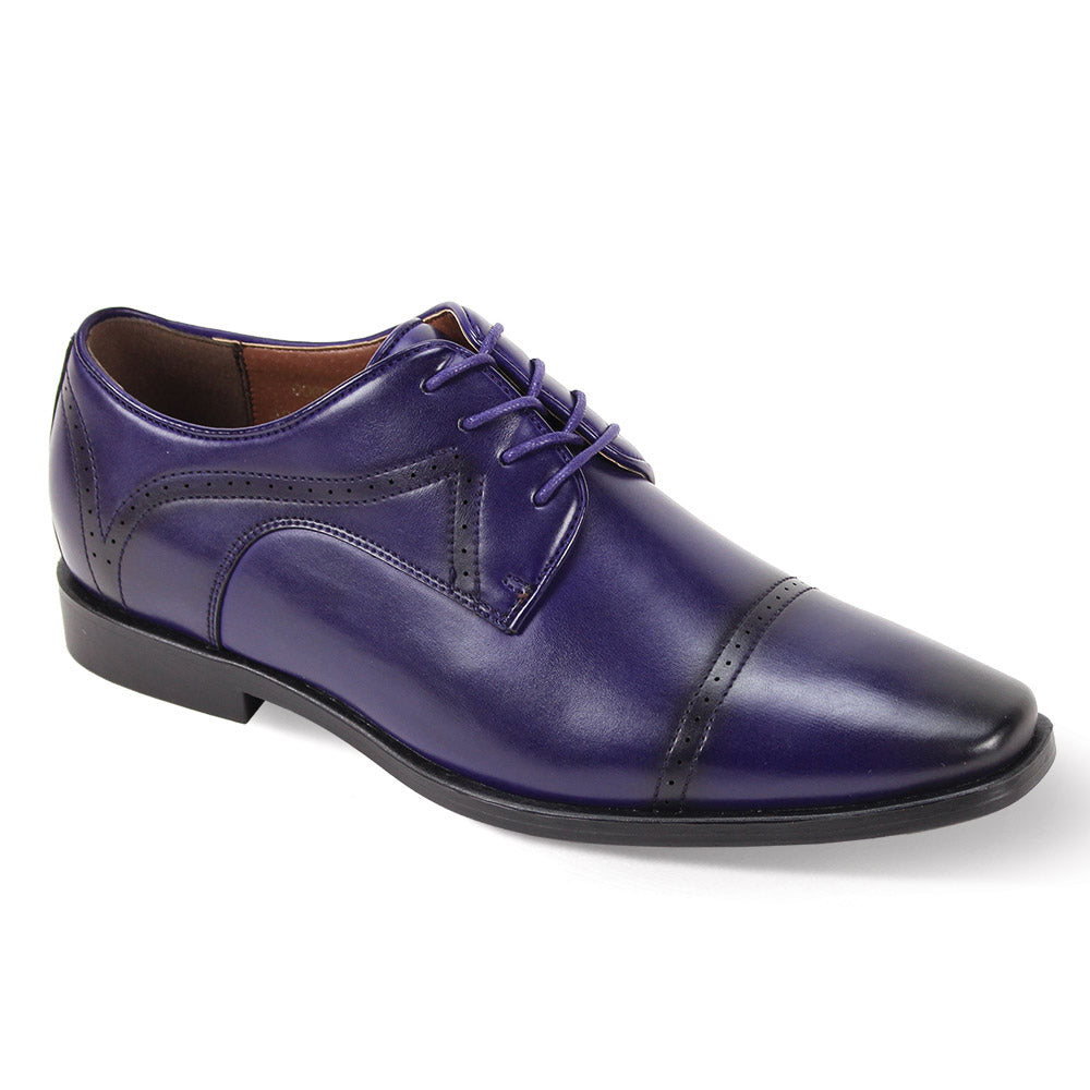 The Antonio Cerrelli 7000 Purple Shoes (Wide) feature a sleek synthetic upper with black trim and laces, elegantly showcasing a cap toe and low heel. The stylish design, viewed from a three-quarter angle, captures attention.