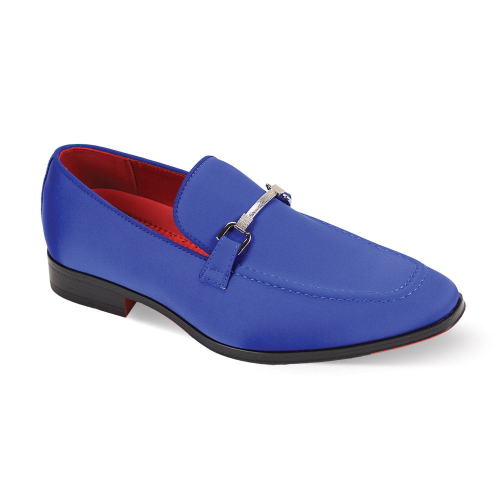 The After Midnight 7018 Royal Satin Loafer showcases a sleek buckle, paired with a black sole and an eye-catching red interior.