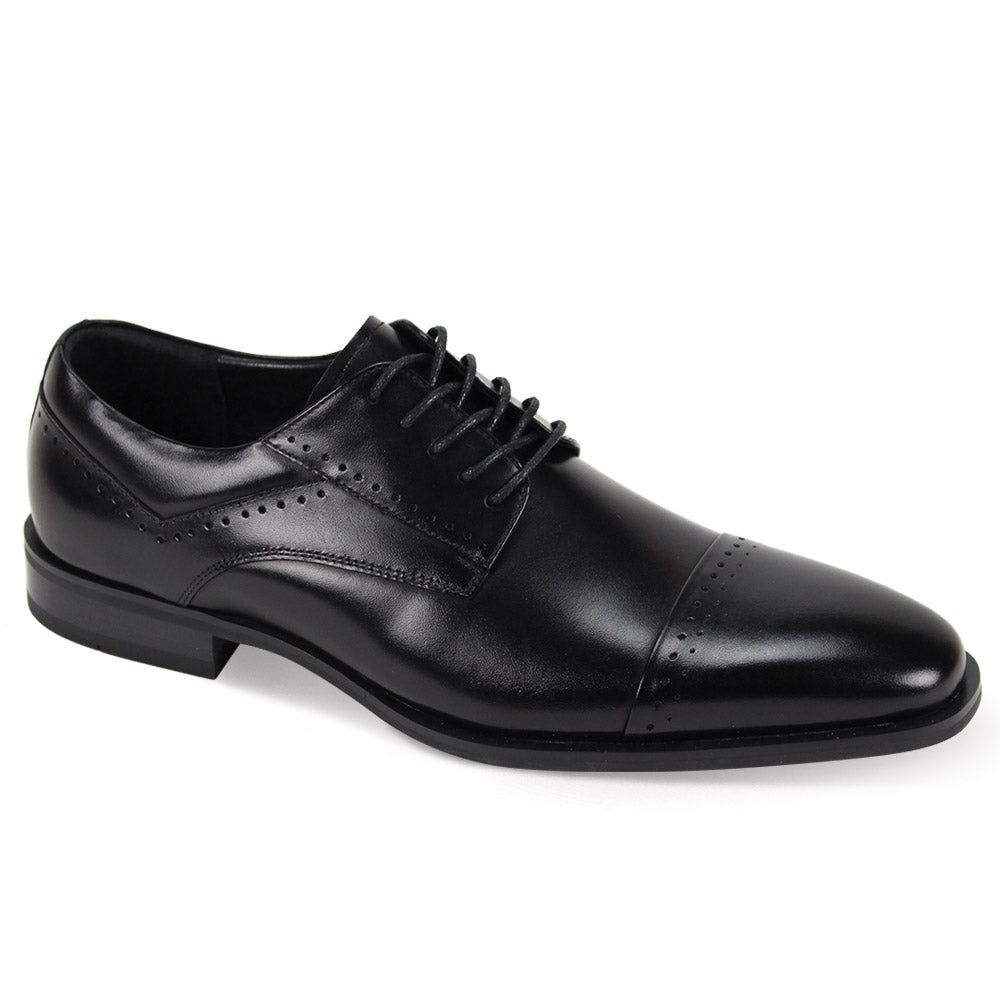 The Giorgio 7033 Black Leather Shoes by Giorgio Venturi feature a cap toe, lace-up closure, decorative perforations, and a low heel, shown in a side view against a white background.