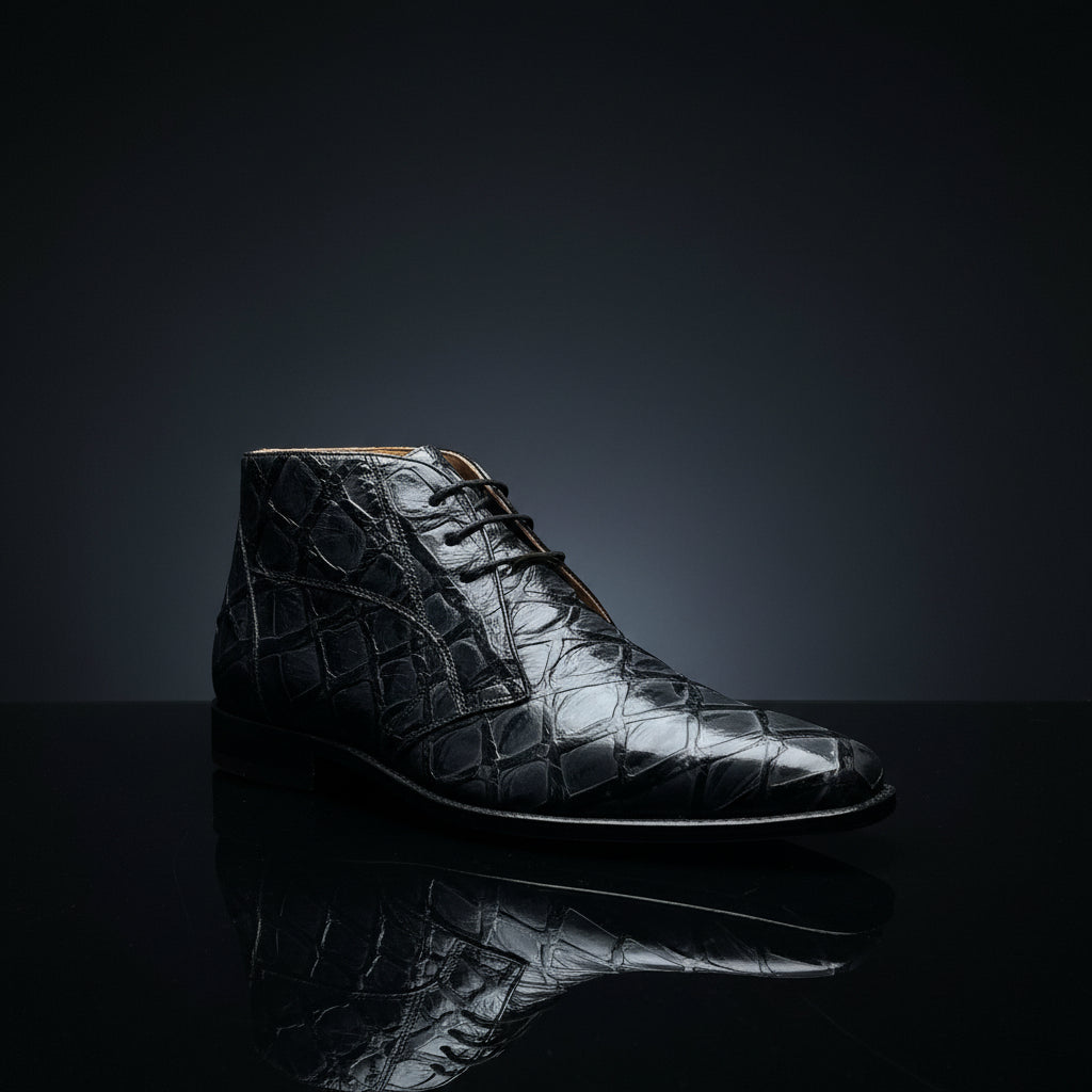 A single Belvedere Shoe 9 clearance dress boot in grey/black, featuring a crocodile skin pattern and displayed against a dark background. Brand: BELVEDERE. Size 9 only. FINAL SALE—NO EXCHANGE, NO RETURN.