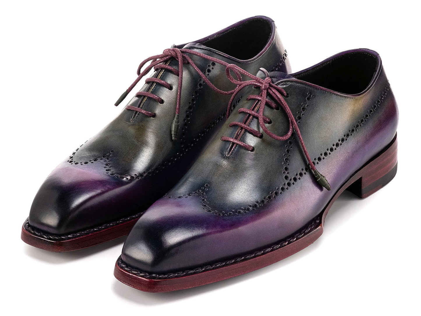 Paul Parkman Goodyear Welted Men's Wingtip Oxfords in purple and grey, featuring brogue detailing and purple laces, are displayed on a white background. Model: 81PRY73.