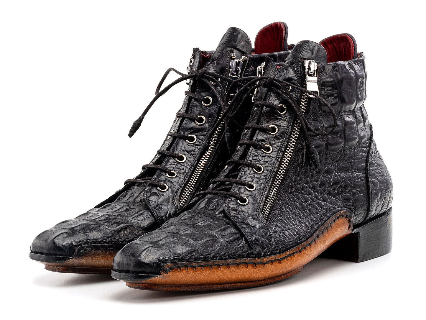 The Paul Parkman Black Crocodile Textured Leather Men's Zipper Boots (88APT68) feature laces, side zippers, and a brown sole.