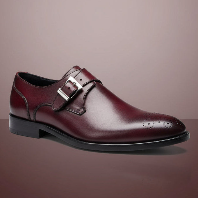 A single Firmani Siena Burgundy Italian Made Shoe—a burgundy monk strap dress shoe featuring a silver buckle, perforated toe details, and a black sole—is displayed on a neutral background. Please note: this Firmani product is FINAL SALE—no exchanges or returns.