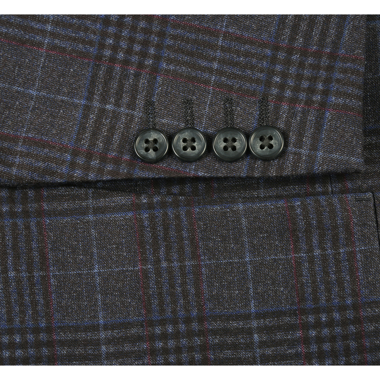 A mannequin features the Pellagio Blue Black Men's Half Canvas Blazer PF24-12, styled with a white shirt, red polka dot tie, and matching pocket square.