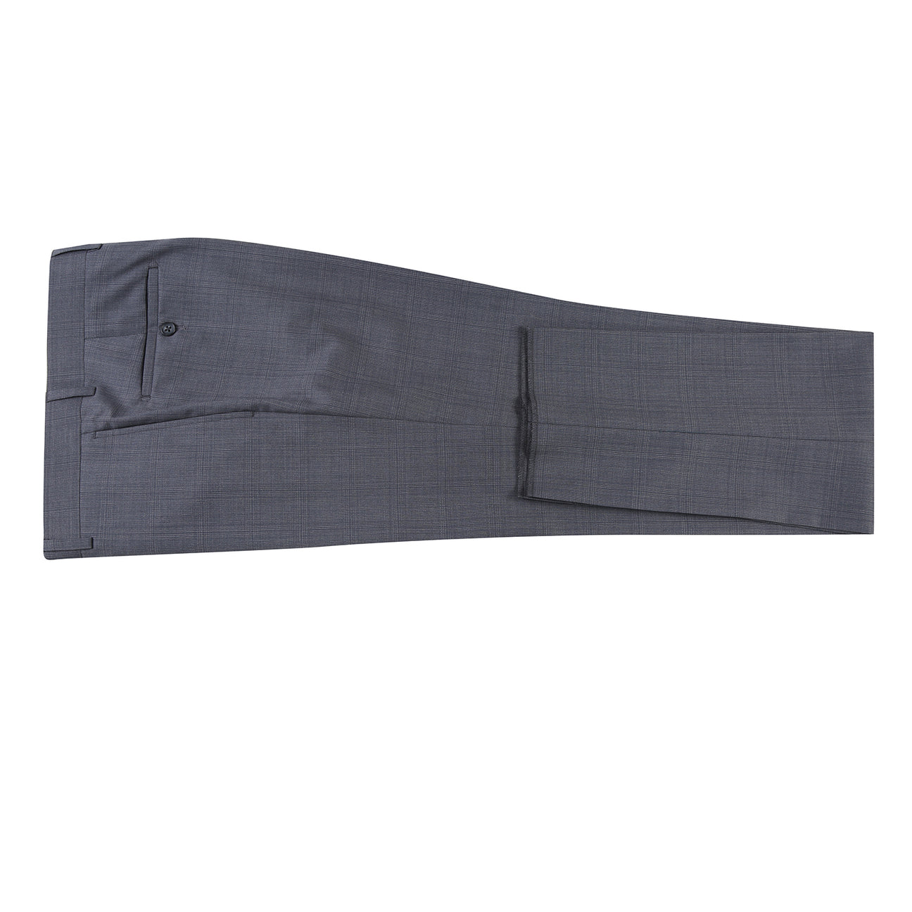 The English Laundry Grey Wool Suit EL92-58-095 features a slim fit, notch lapels, two buttons, and flap pockets. Crafted from 90% wool, it's displayed over a white dress shirt and navy striped tie on a mannequin.