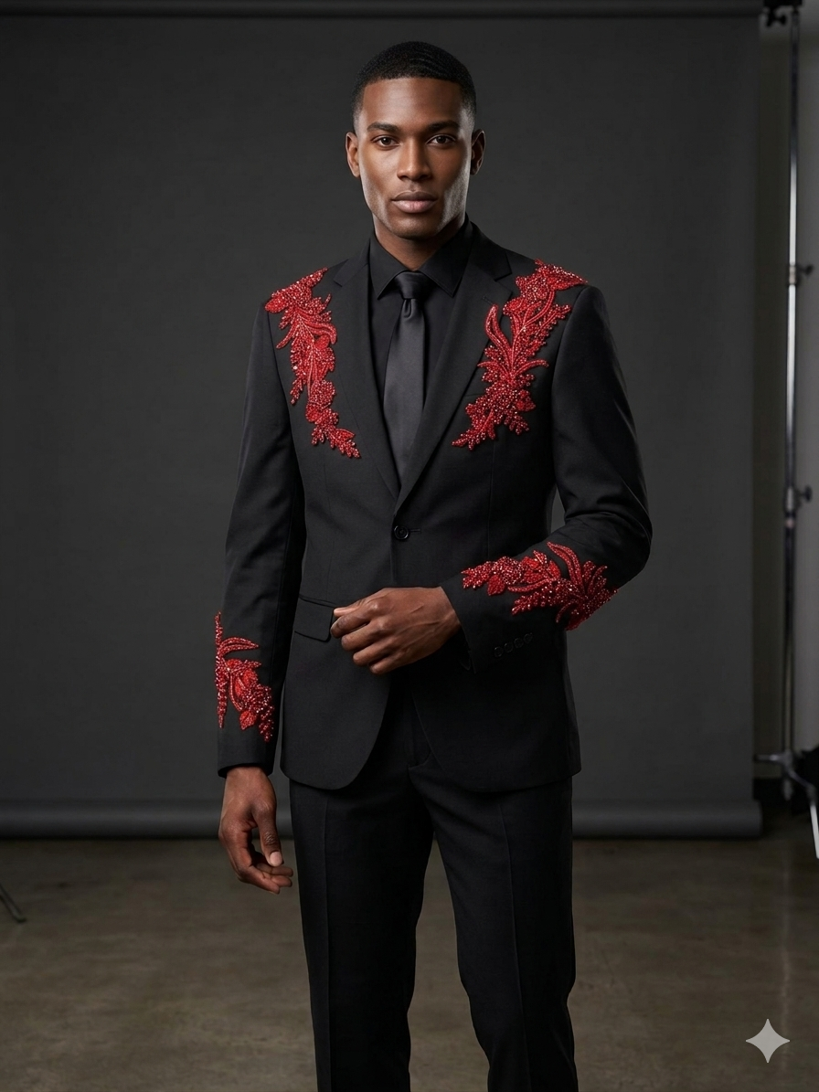 A man models the Unique Design Menswear Custom prom suit in black/red, featuring red embroidery on the shoulders and sleeves, paired with a matching black shirt and tie.