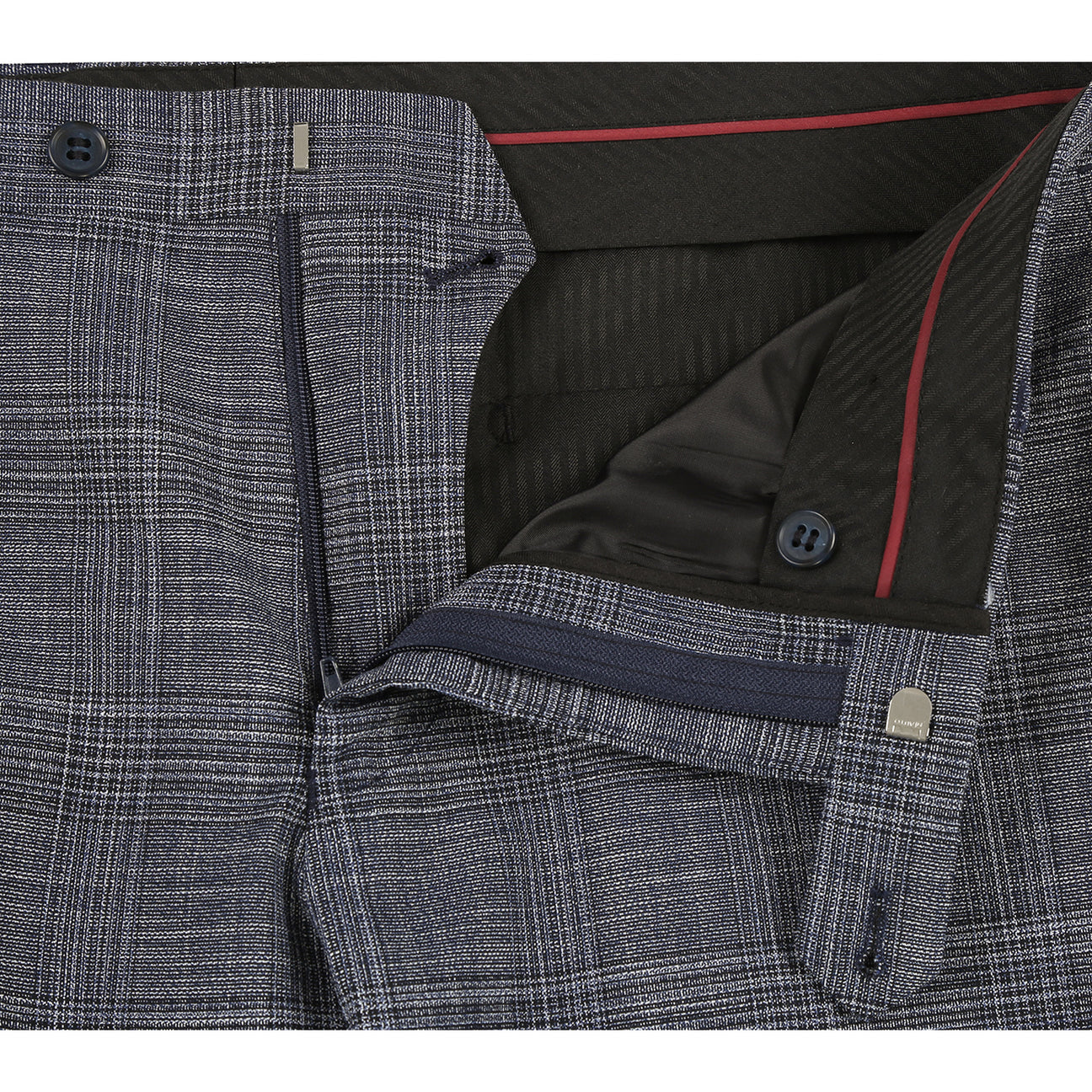 The Renoir Alessandro Vitello 2-Piece New Slim Fit Suit 293-39 is displayed on a mannequin with a notch lapel, paired with a crisp white shirt and red polka dot tie. Its side-vented design adds flair, creating a sophisticated look perfect for any occasion.