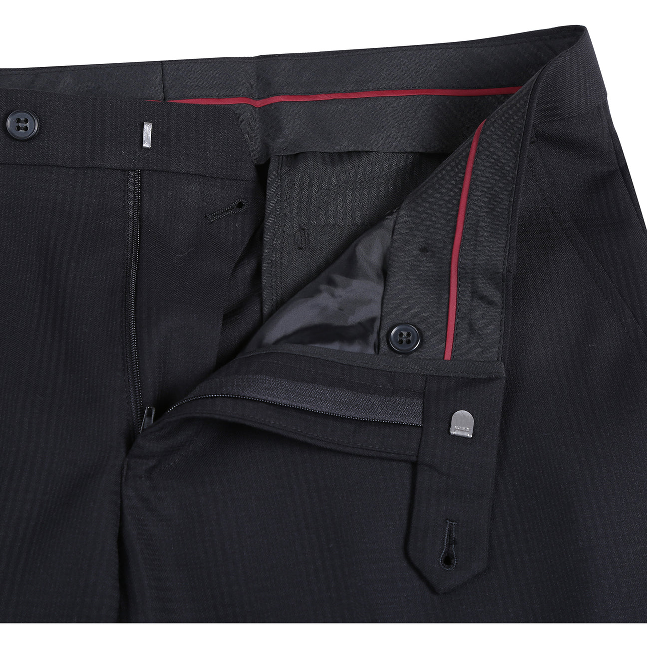 The Alessandro Vitello by Renoir New Slim Fit Black Suit 293-57 by Renoir is displayed on a mannequin with a black single-breasted jacket, white dress shirt, patterned tie, and pocket square.