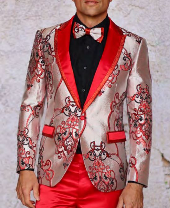Man wearing the Insomnia INSOMNIA MZS-538 RED Blazer featuring shiny silver fabric with red and black floral patterns, red satin lapels, a matching bow tie, black shirt, and red satin pants.