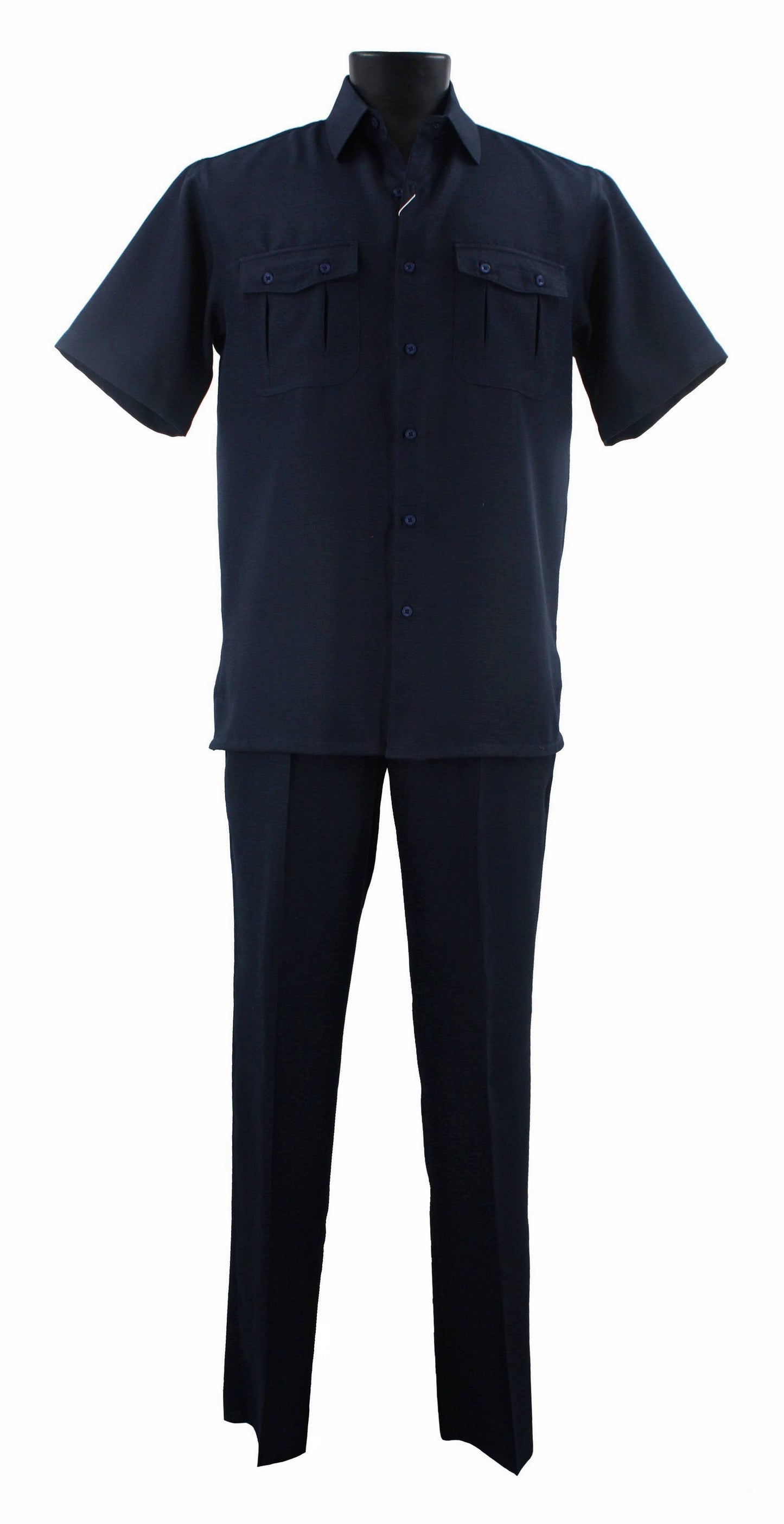 A mannequin displays the Bassiri Navy 2pc Set A 138, which includes a short-sleeve button-up uniform shirt made from durable polyester. The shirt features two chest pockets and is paired with matching pants to ensure a sleek appearance while providing comfort and durability.