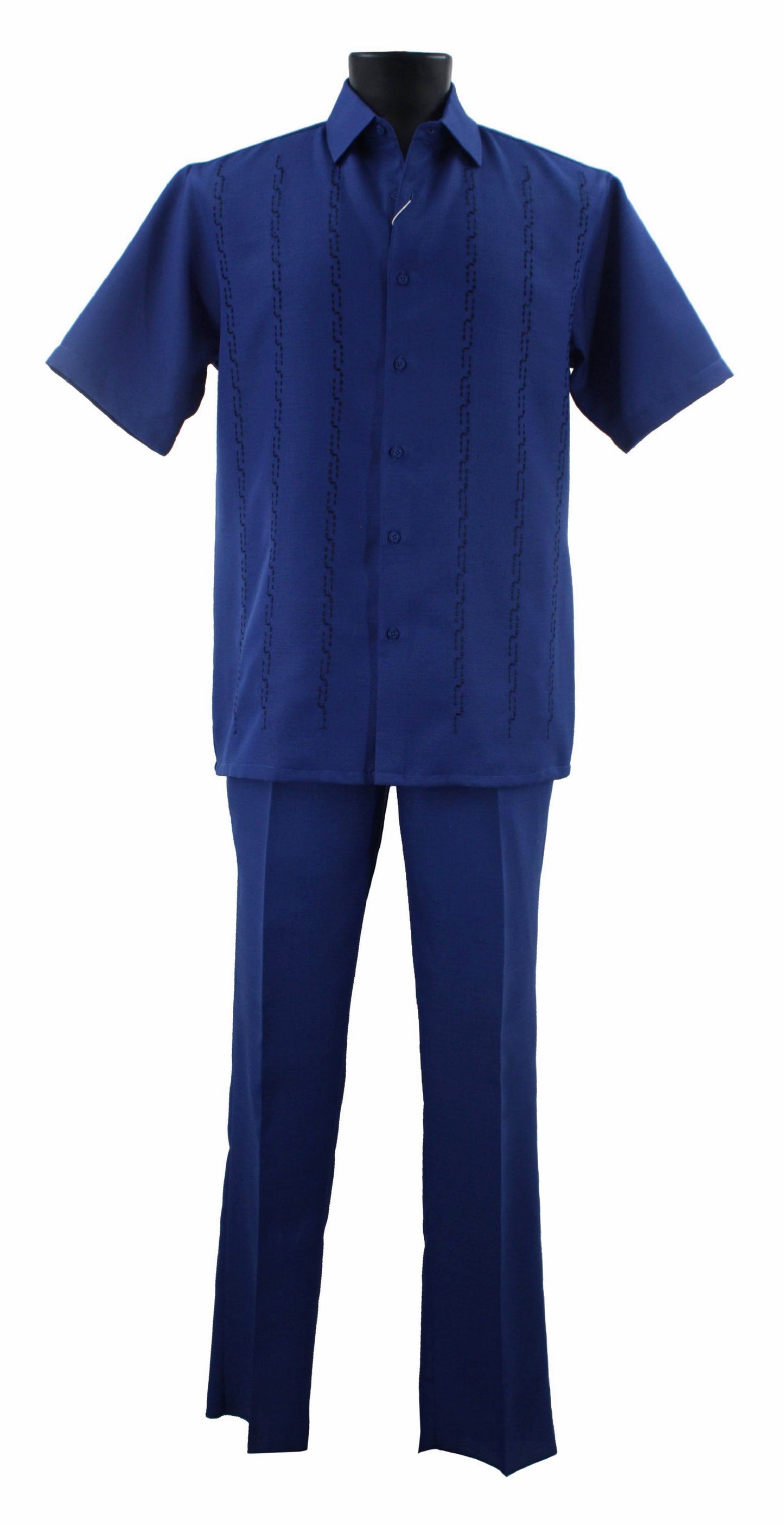 A mannequin showcases the Bassiri Royal Blue 2pc Set A 139, featuring a blue short-sleeve shirt and matching trousers crafted from polyester, exuding a sleek allure.