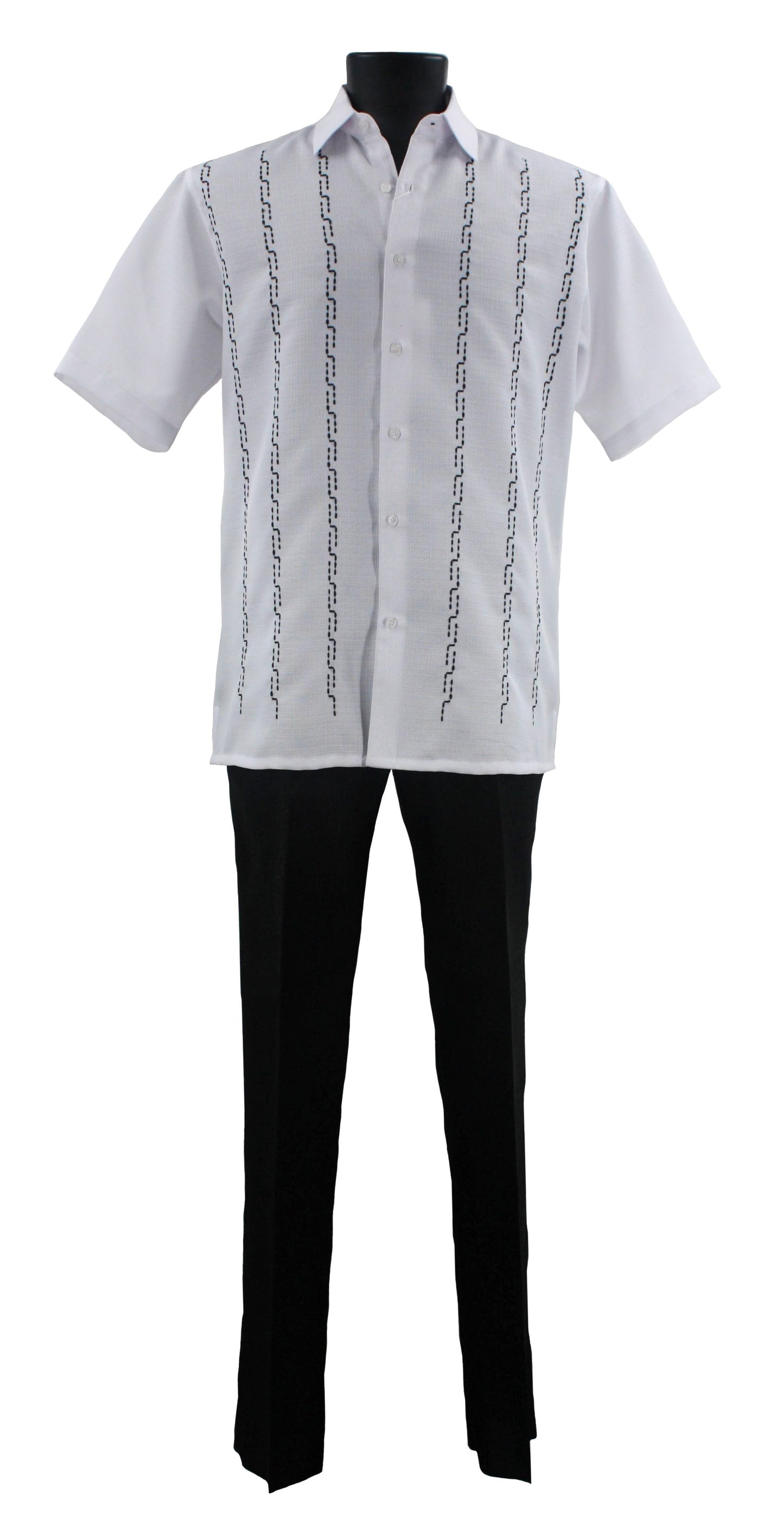 A black mannequin showcases the Bassiri White 2pc Set A 139, featuring a white short-sleeve polyester shirt with black embroidered vertical patterns, complemented by stylish black pants from the Bassiri brand.