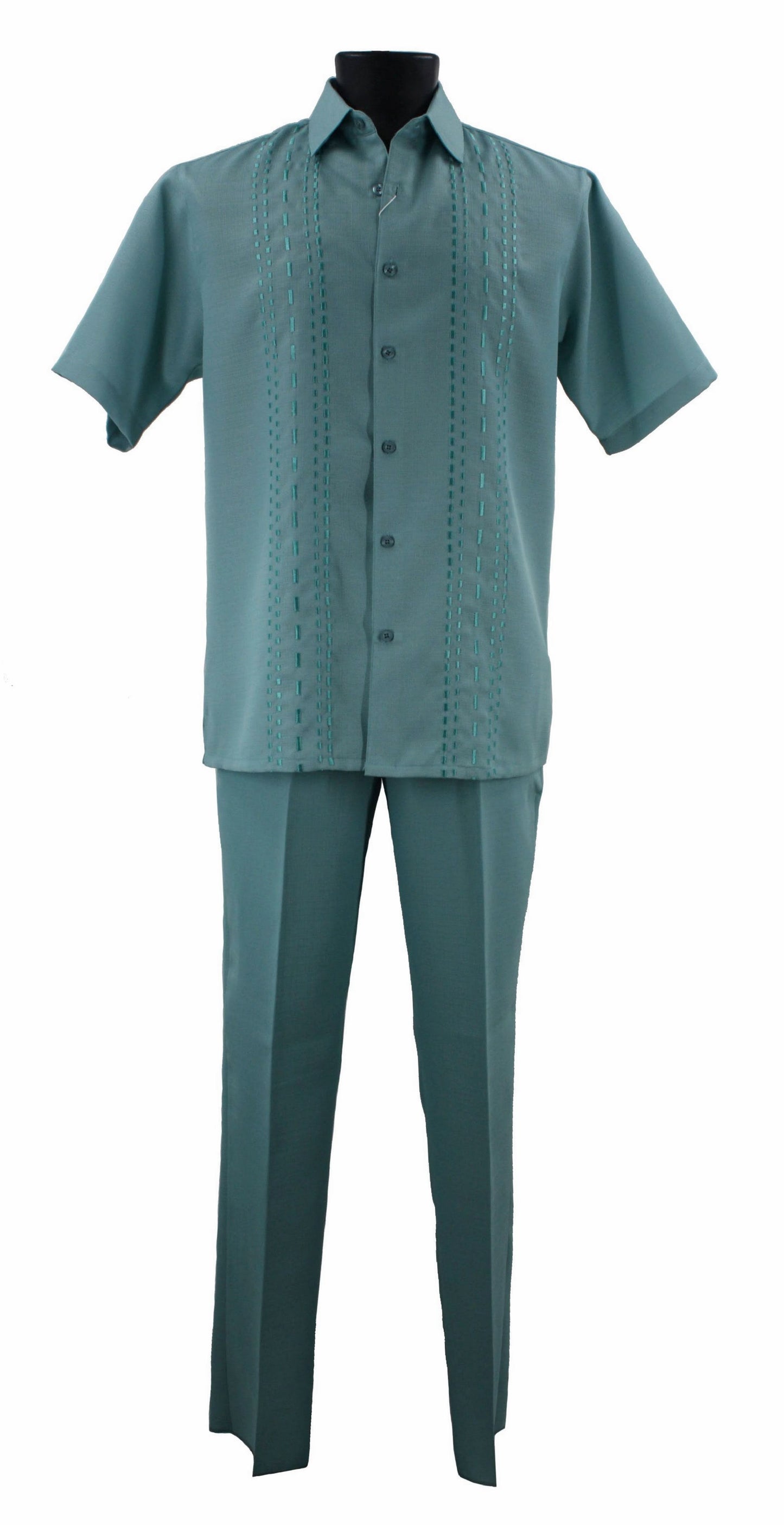 The Bassiri Light Teal 2pc Set A 140 by Bassiri includes a short-sleeve button-up shirt made from polyester with vertical stitching details, along with matching teal trousers. Displayed on a mannequin, this outfit offers both style and sleekness. Please refer to the product description for more information.