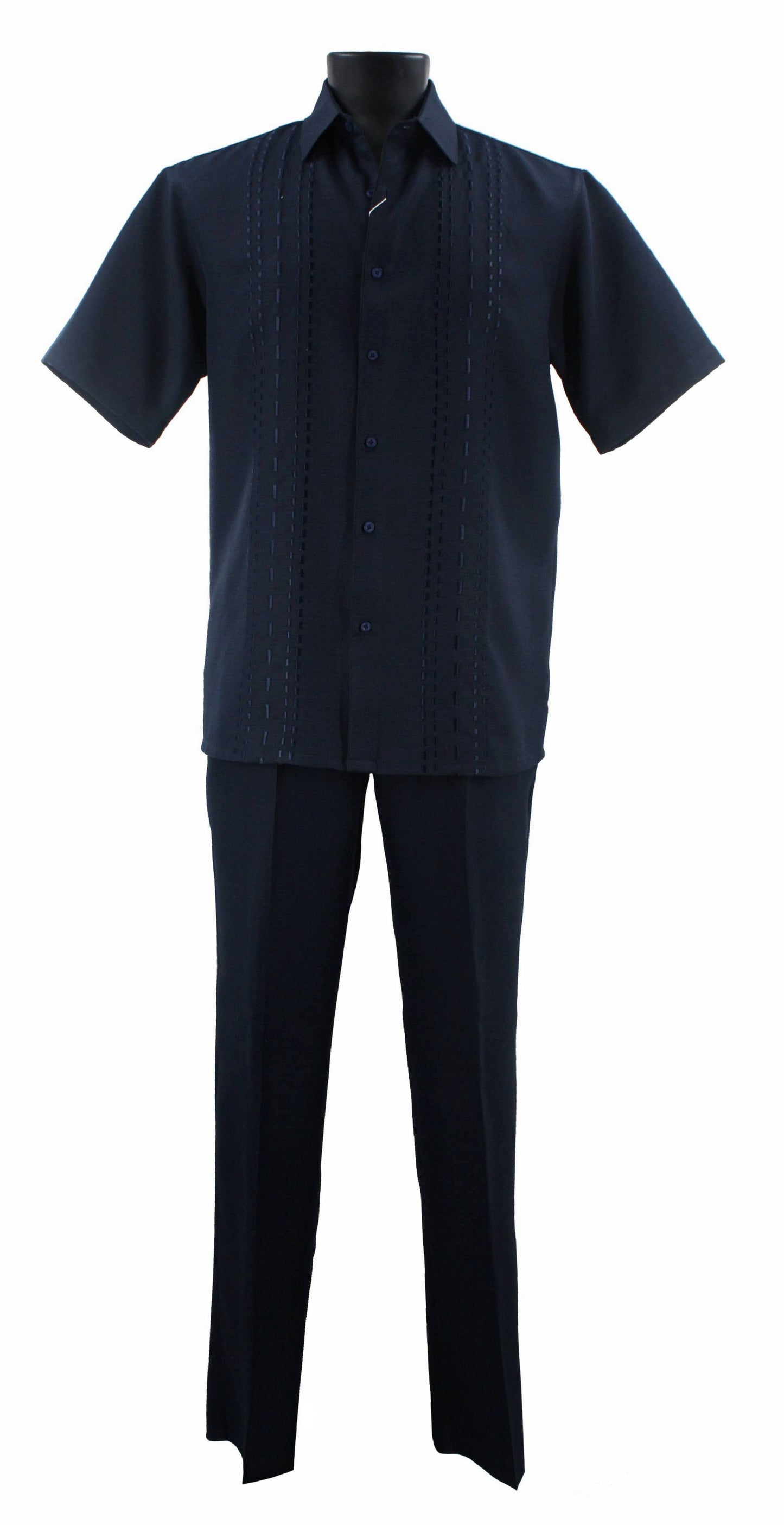 A mannequin is styled in a navy Bassiri 2-piece set with dark short-sleeved polyester guayabera shirt featuring light embroidery, under style number A140, complemented by matching pants.