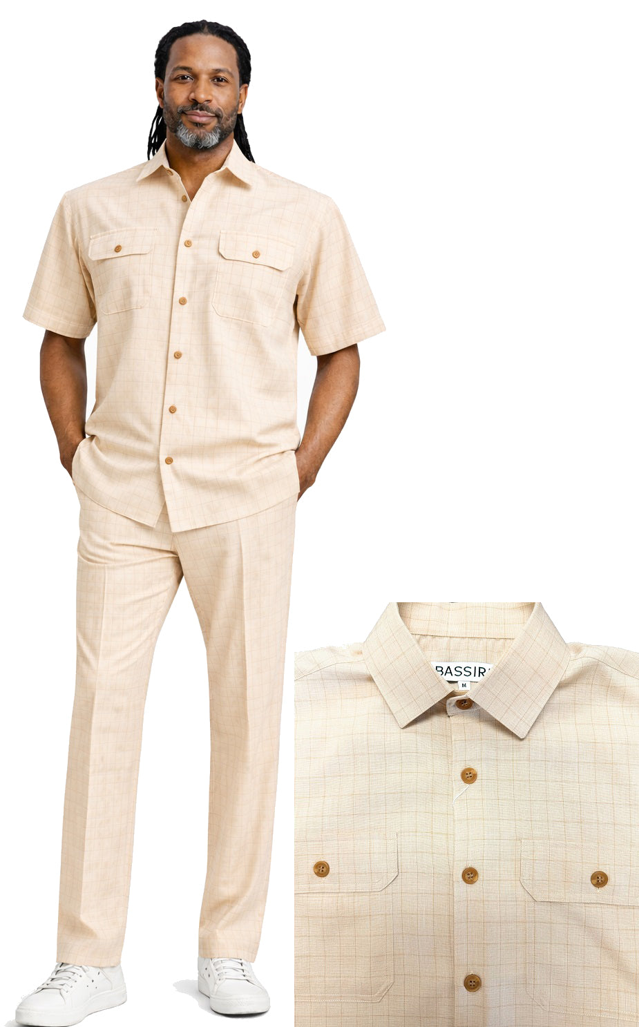 A man wears the Bassiri Beige 2pc Set A 144 by Bassiri—light beige short-sleeve button-up shirt and matching pants, paired with white sneakers; close-up highlights the shirt's collar and buttoned front pockets.