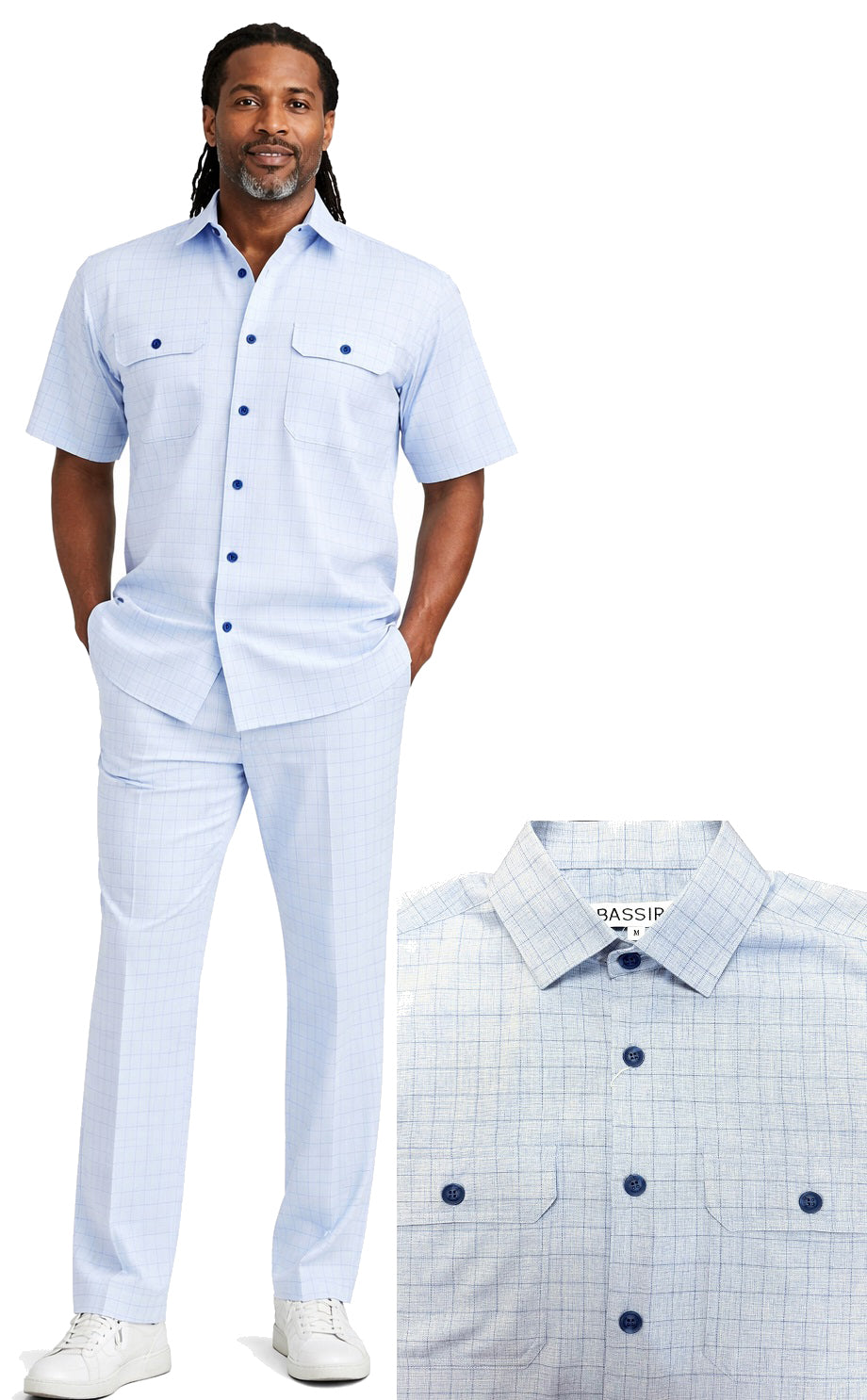 A man wears the Bassiri Blue 2pc Set A 144 by Bassiri—light blue, short-sleeve button-up shirt and matching check-pattern pants with white sneakers; close-up displays shirt collar and buttons.