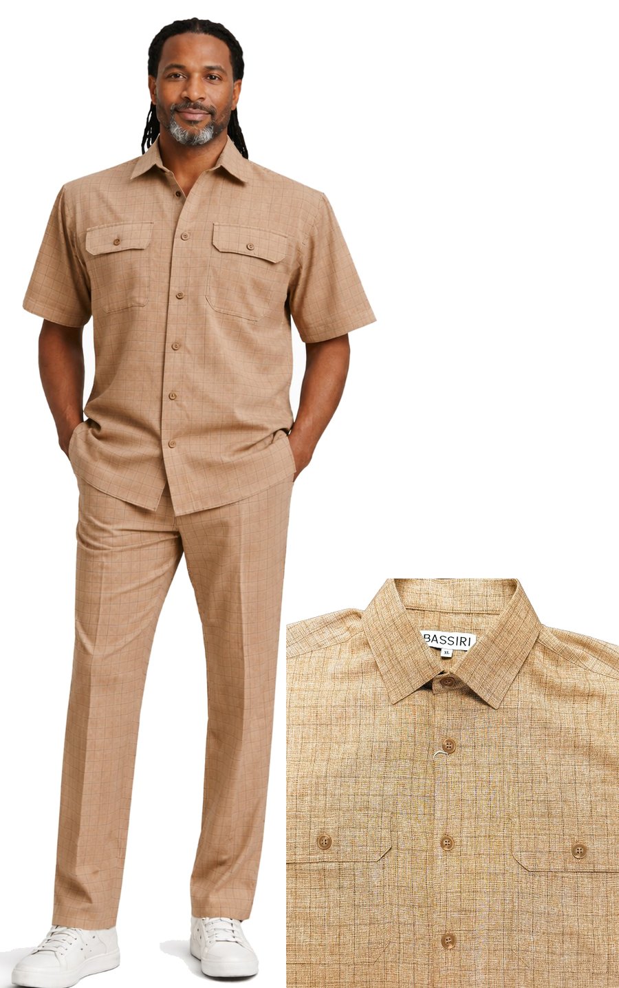 A man wears the Bassiri Brown 2pc Set A 144 by Bassiri, featuring a tan short-sleeve button-up shirt with matching pants and white sneakers. A close-up highlights the shirt’s collar and chest pockets with buttons.