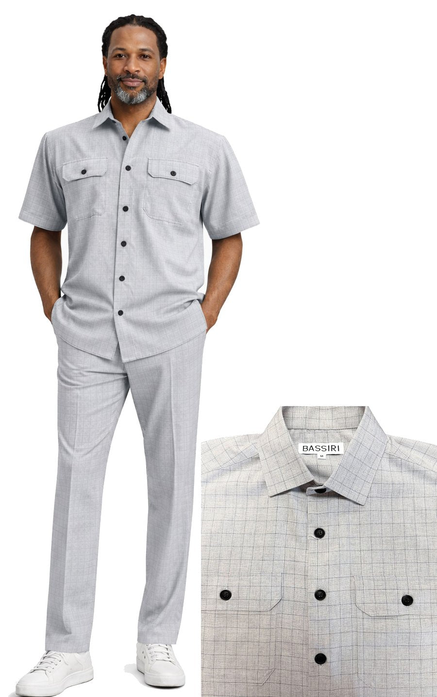 A man wears the Bassiri Grey 2pc Set A 144—light gray short-sleeve button-up shirt with black buttons and matching pants. Close-up reveals a subtle check pattern and the “BASSIRI” label. Brand: Bassiri.
