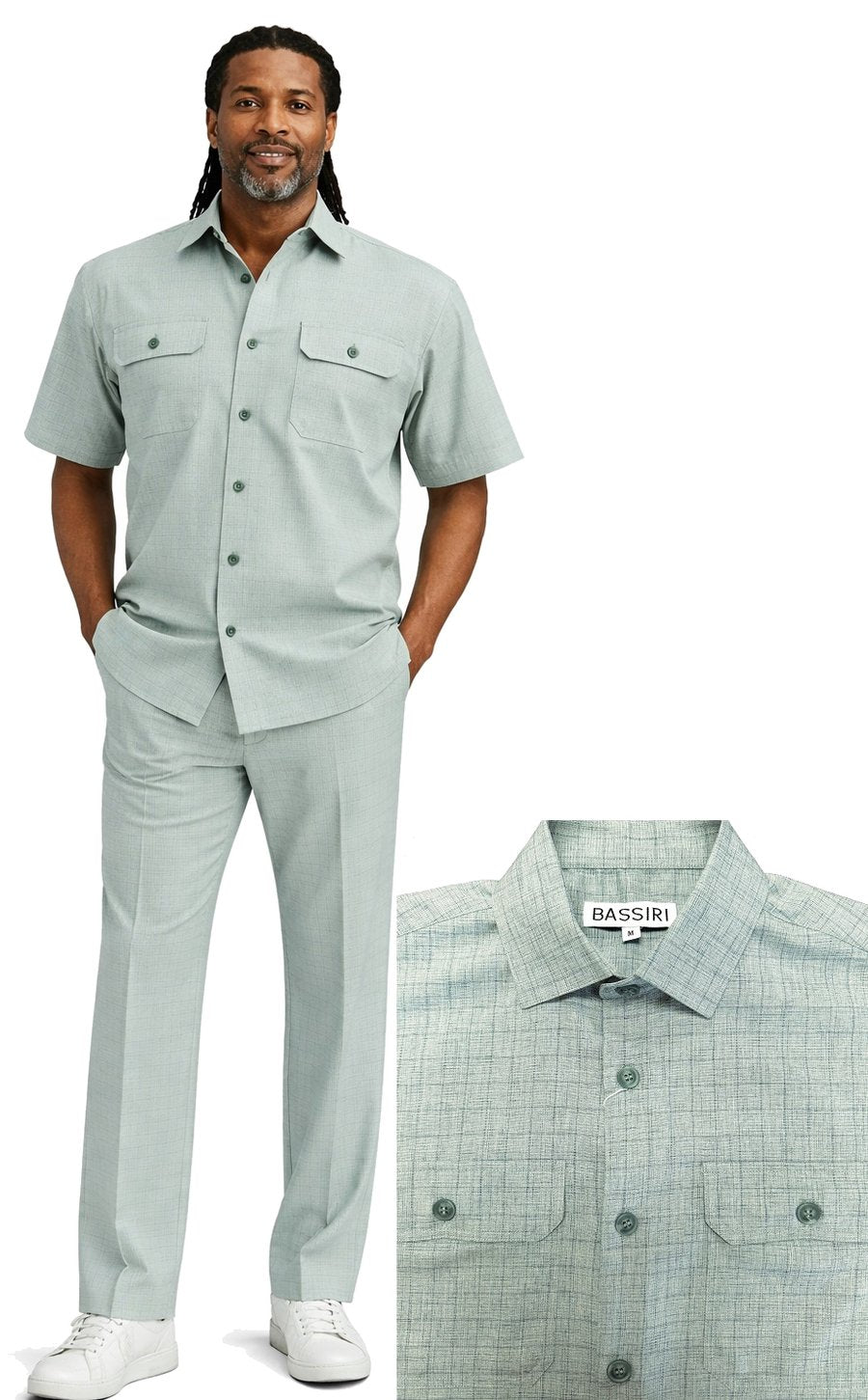 A man wears the Bassiri Teal 2pc Set A 144 by Bassiri—light teal short-sleeve button-up shirt with chest pockets and matching pants, styled with white sneakers; close-up highlights the shirt’s collar and detailed pockets.