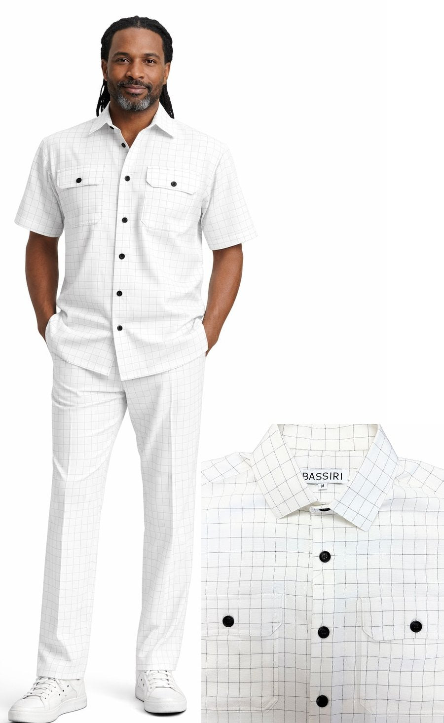 A man wears the Bassiri White 2pc Set A 144, featuring a white short-sleeve shirt and pants with a light black grid pattern, black buttons, and white sneakers. An inset highlights the shirt collar and Bassiri label.