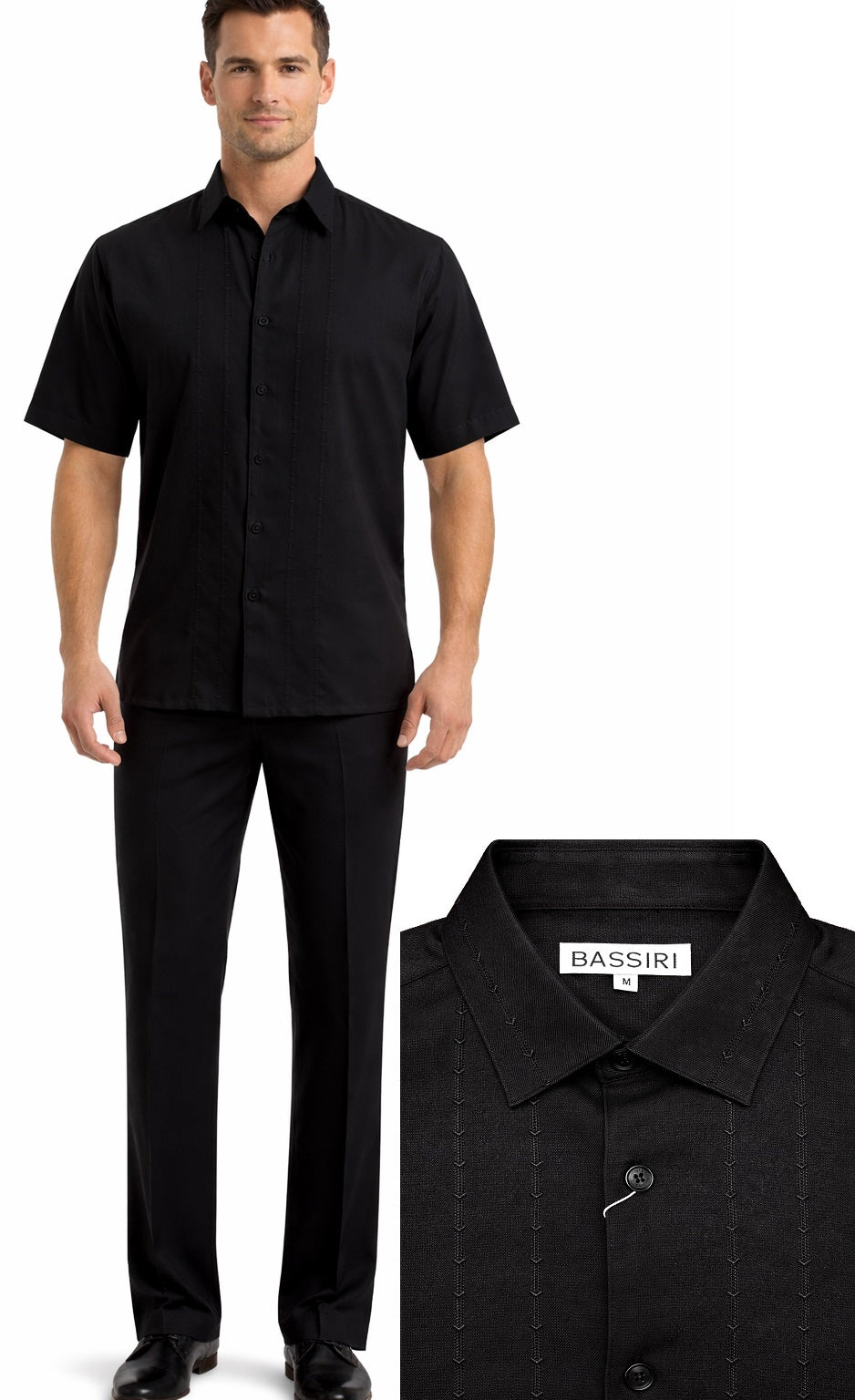 A man wears the Bassiri Black 2pc Set A 146 by Bassiri—short-sleeve button-up shirt and matching pants; close-up highlights the collar, buttons, and subtle vertical stitching on the shirt.