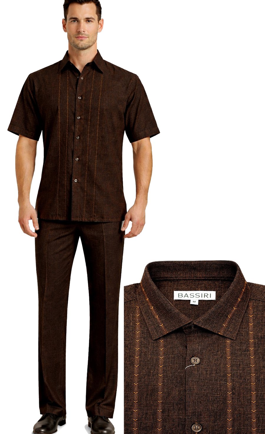 A man wears the Bassiri Brown 2pc Set A 146: a short-sleeve, button-up dark brown shirt with matching pants. Close-up highlights the collar and orange stitching. The shirt label features the brand "Bassiri.