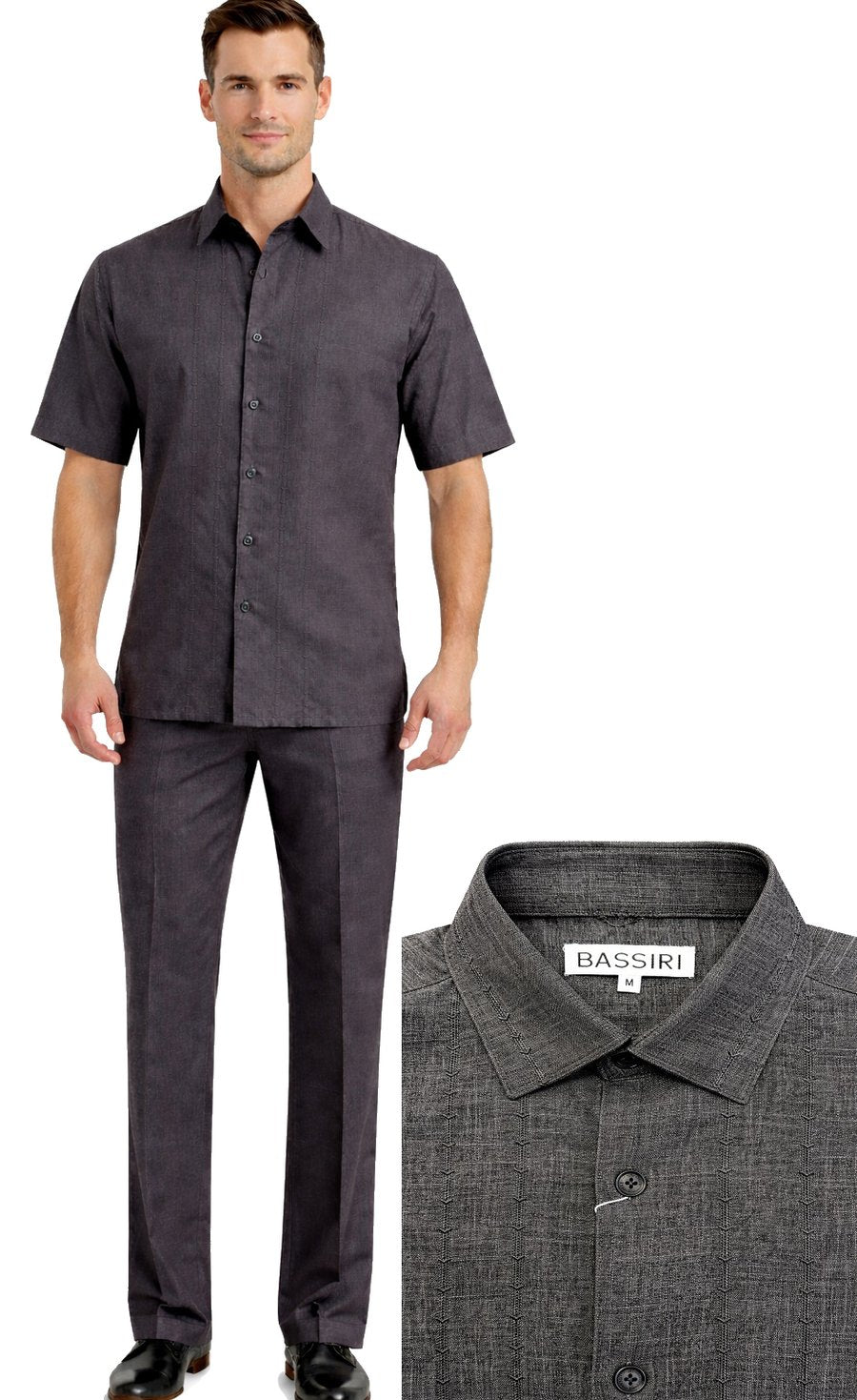 A man wears the Bassiri Charcoal 2pc Set A 146, featuring a short-sleeve button-up shirt and matching pants. The image also highlights the shirt's collar and the Bassiri brand label.