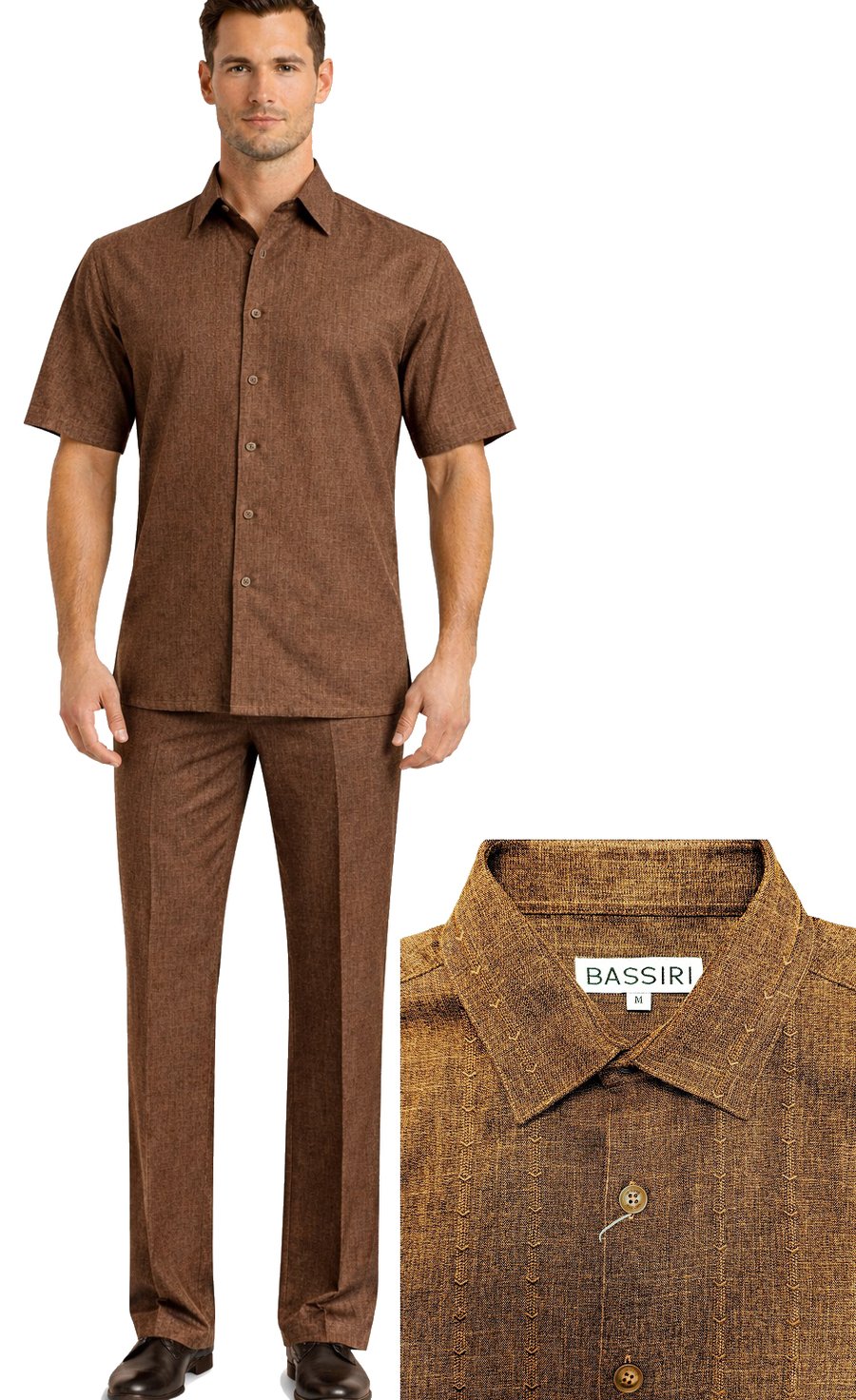 A man wears the Bassiri Chocolate 2pc Set A 146; close-up highlights the fabric texture and "BASSIRI" label on the collar.